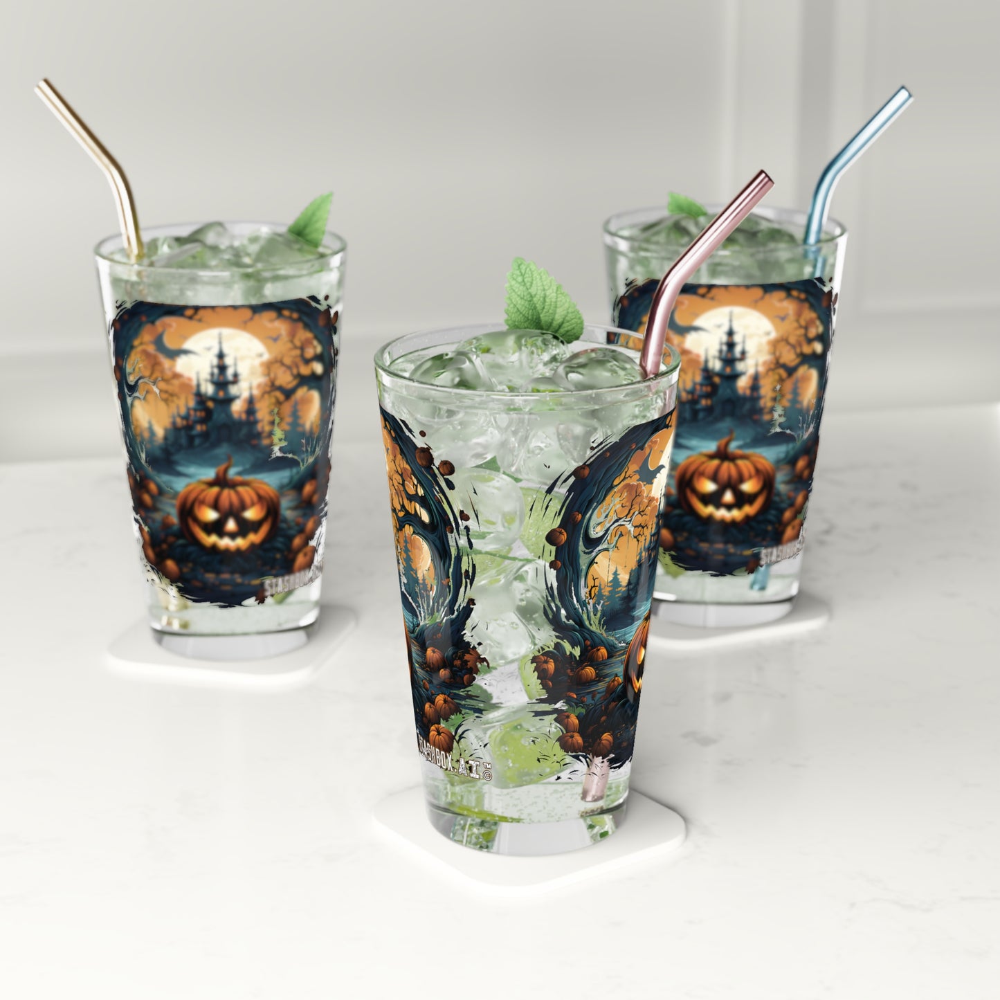 Pint Glass, 16oz Halloween Haunted House & Pumpkin 006