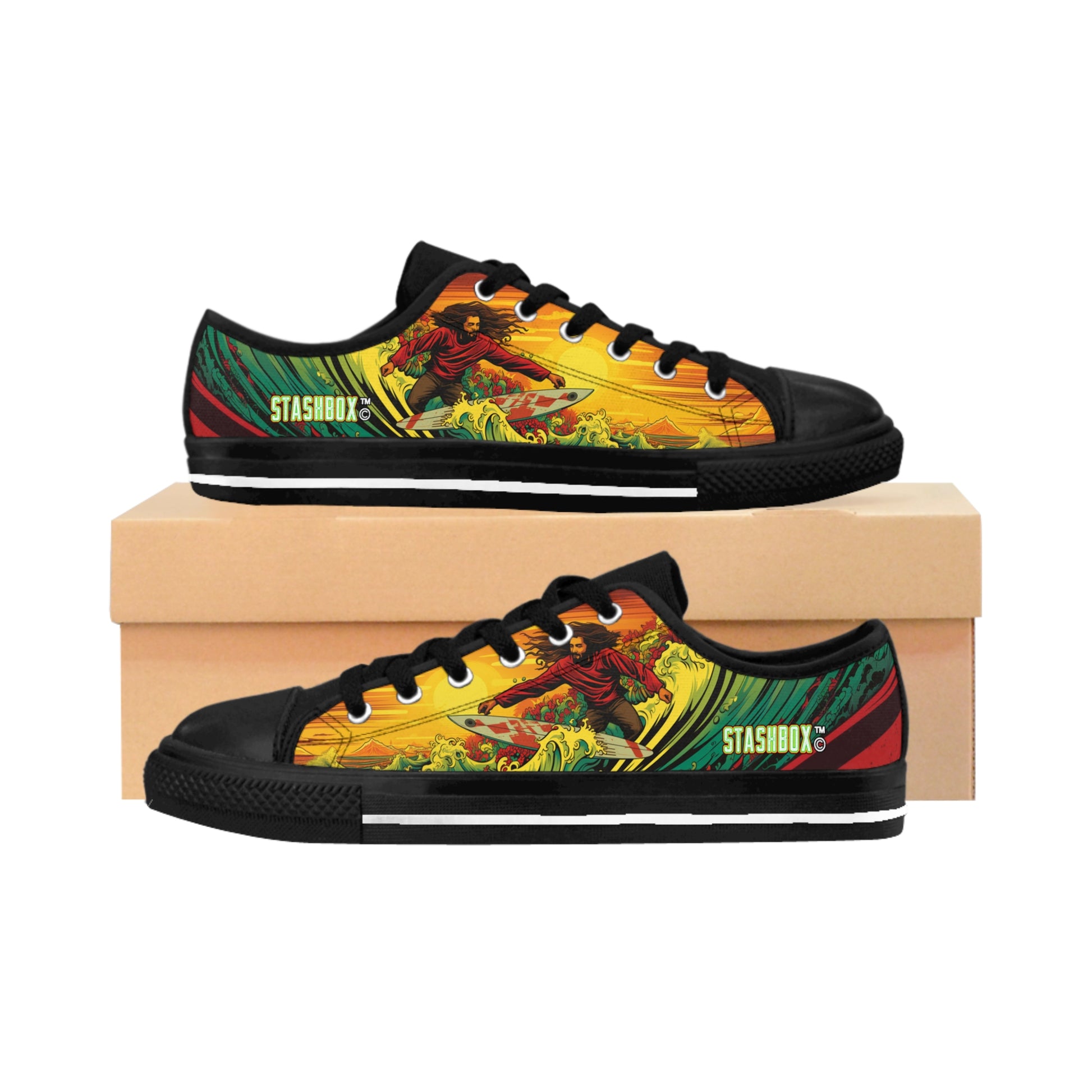 Ride the Rasta Wave with our Custom Men's Sneakers - Surfboard Design #005. Surf in style, exclusively at Stashbox.ai.