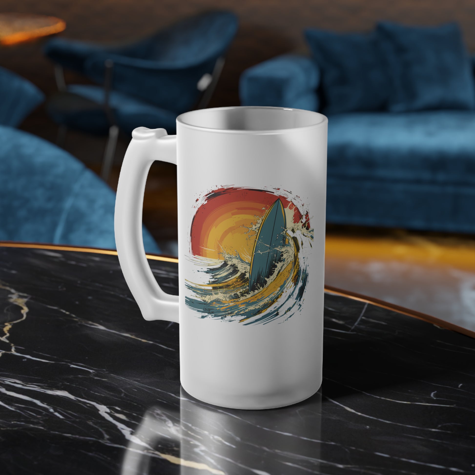 Ride the waves with our Colorful Surfboard & Wave Frosted Glass Beer Mug. Waves Design #036. Sip into surf serenity, exclusively at Stashbox.ai.