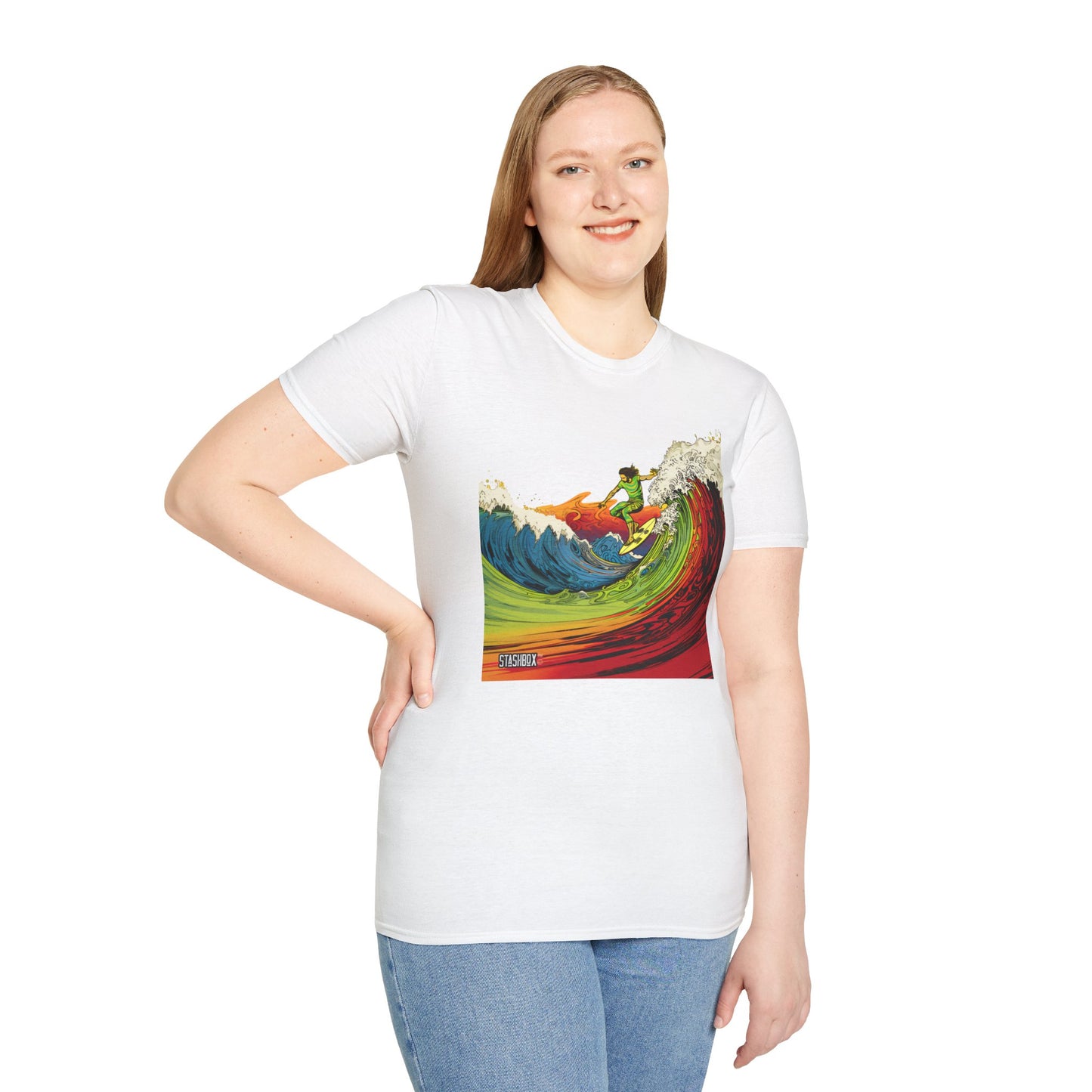 Unisex Softstyle T-Shirt Surfing Wave Green Yellow Red  Art Style 43