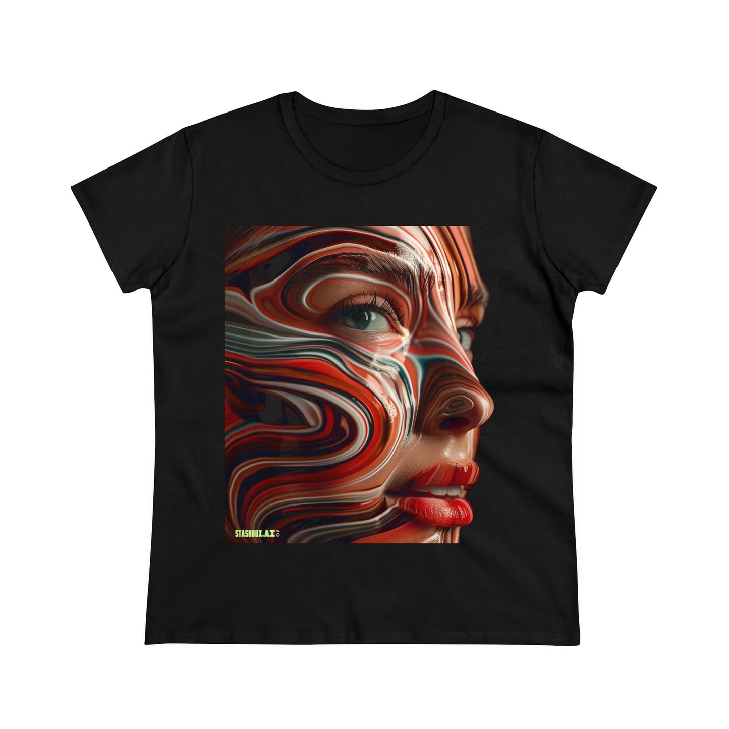 Women's Midweight Cotton Tee Pretty Model Red Swirl Face Paint 025