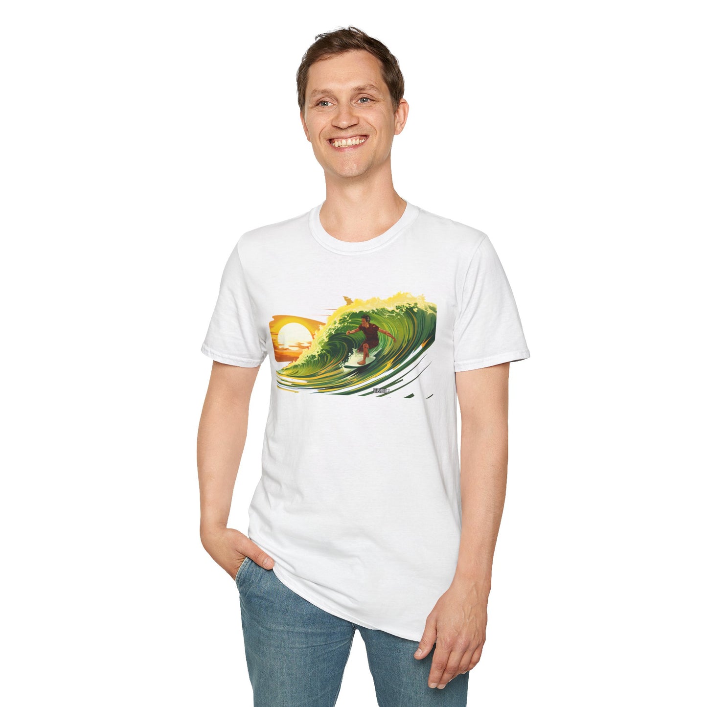 Unisex Softstyle Tshirt Surfing Hawaii Wave Art Green Yellow Red 52