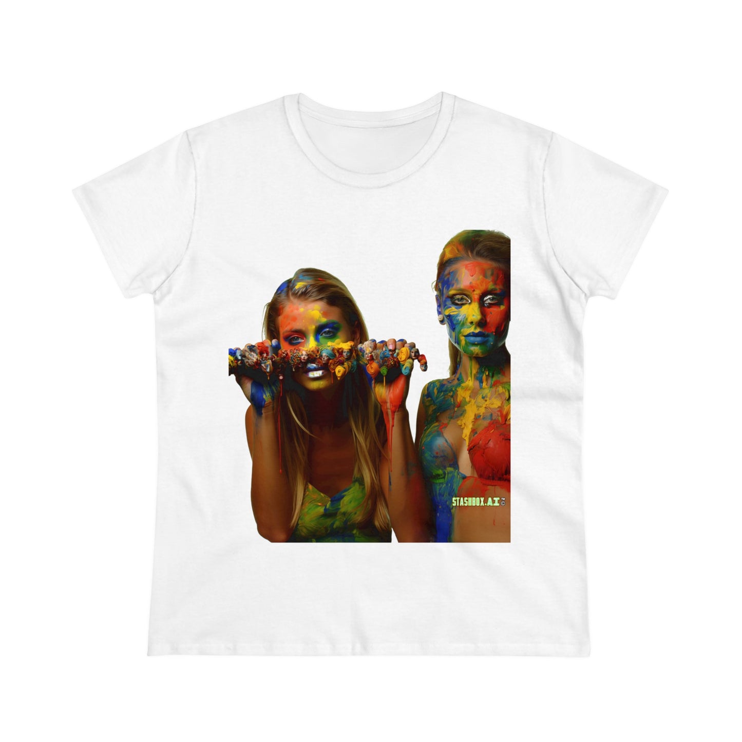 Women's Midweight Cotton Tshirt Two Beautiful Models Covered in Rainbow Paint 023