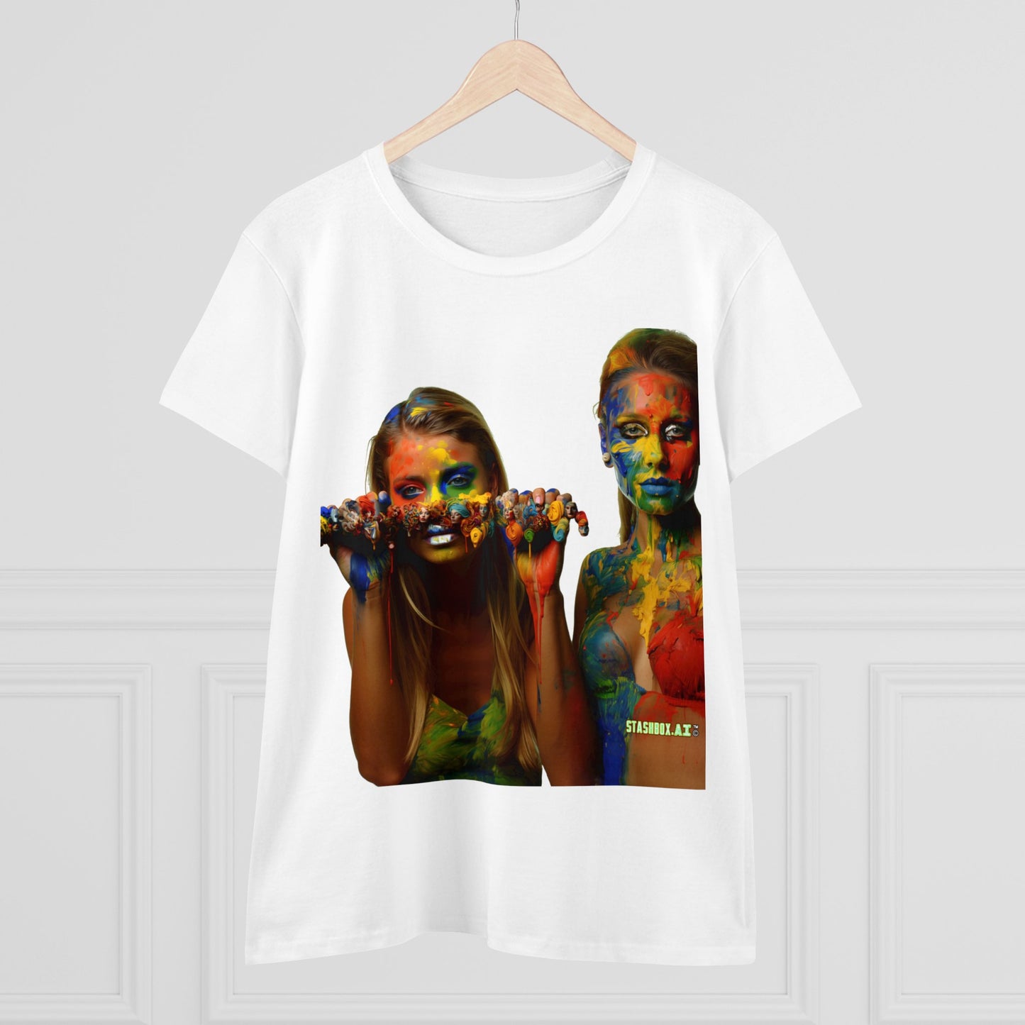 Women's Midweight Cotton Tshirt Two Beautiful Models Covered in Rainbow Paint 023