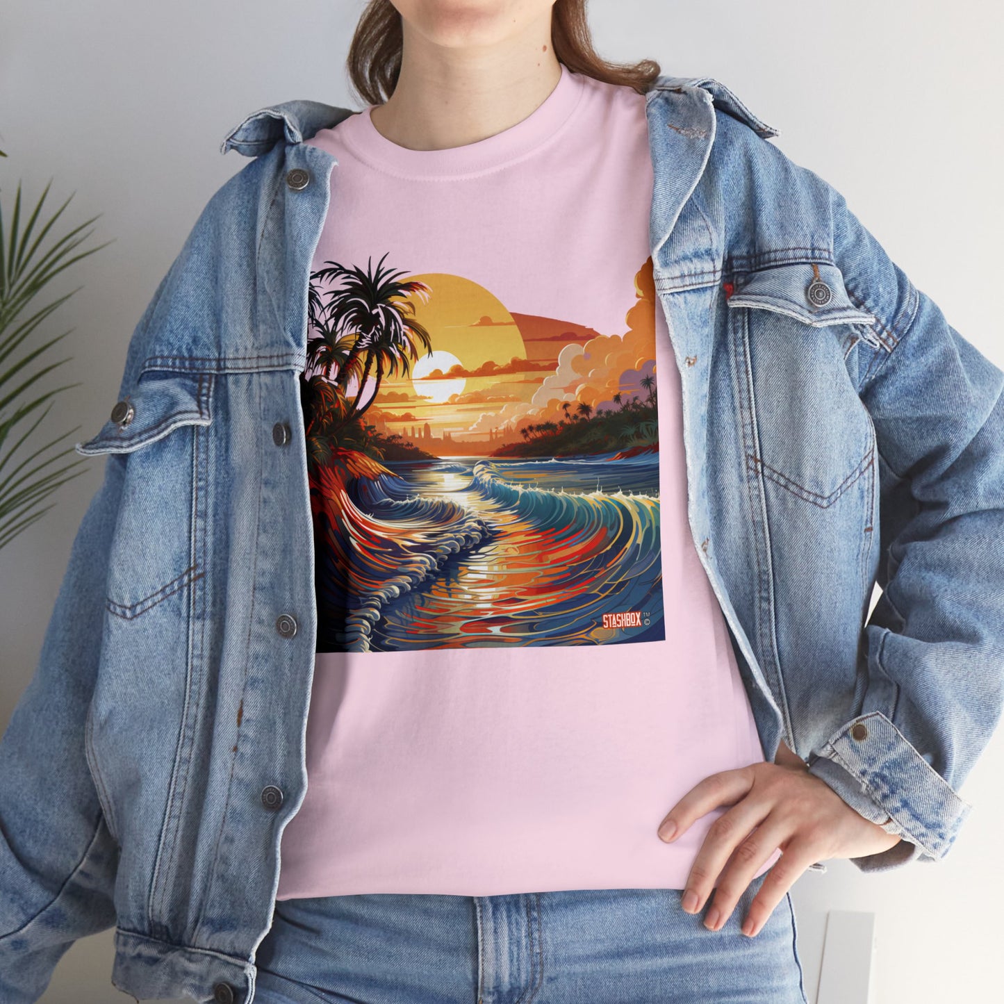 Stunning Sunset Beach Waves Art - Unisex Heavy Cotton Tee - Waves Design #057