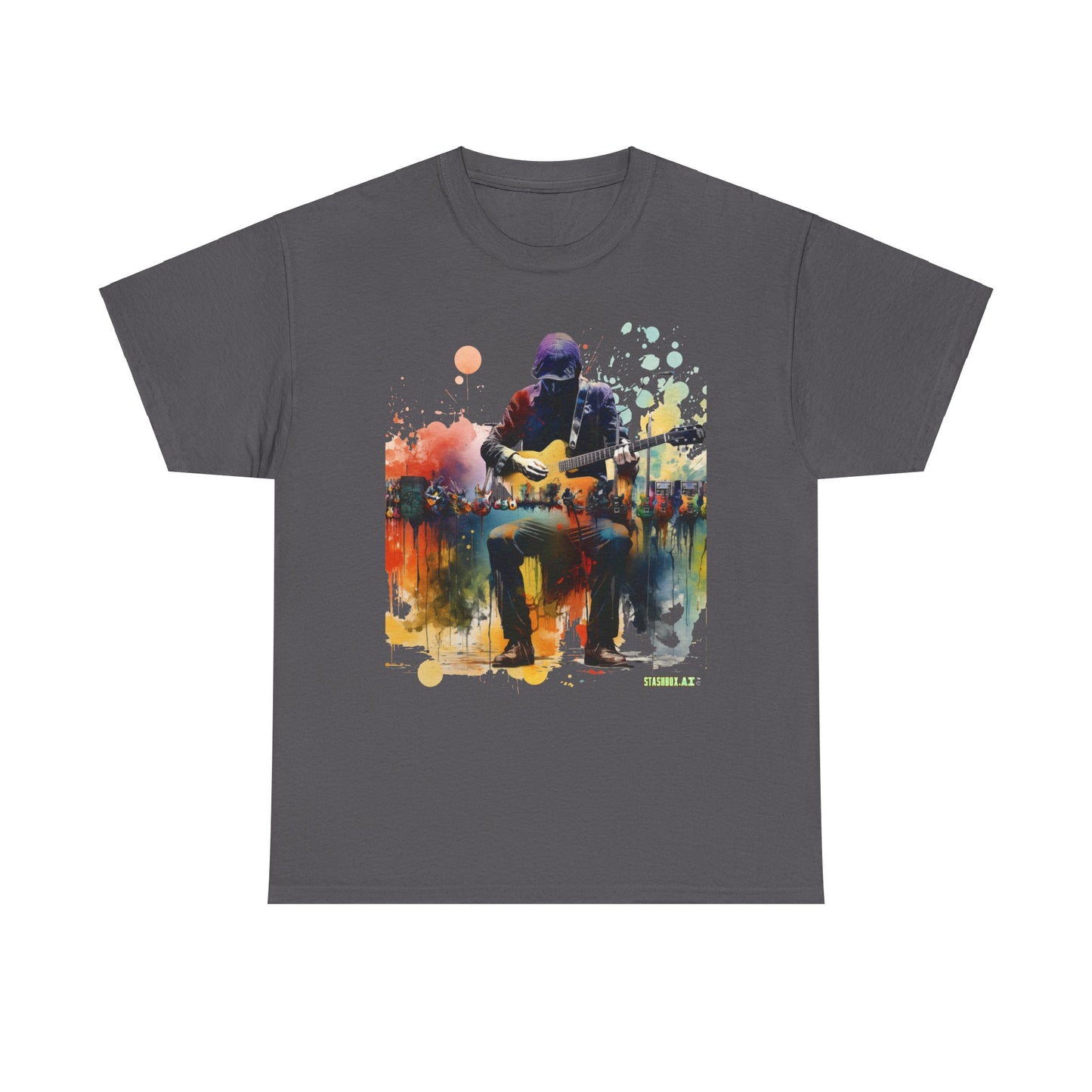 Unisex Adult Size Heavy Cotton Tshirt Colorful Guitarist and Guitars 007