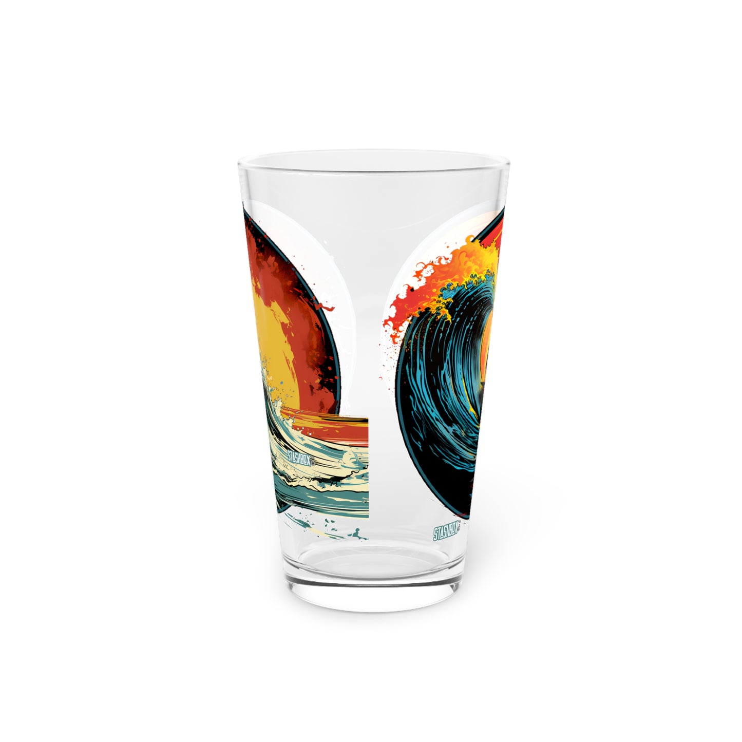 Pint Glass, 16oz Surfboard & Wave Sunset Art 2-in-1 Designs 047a 047b