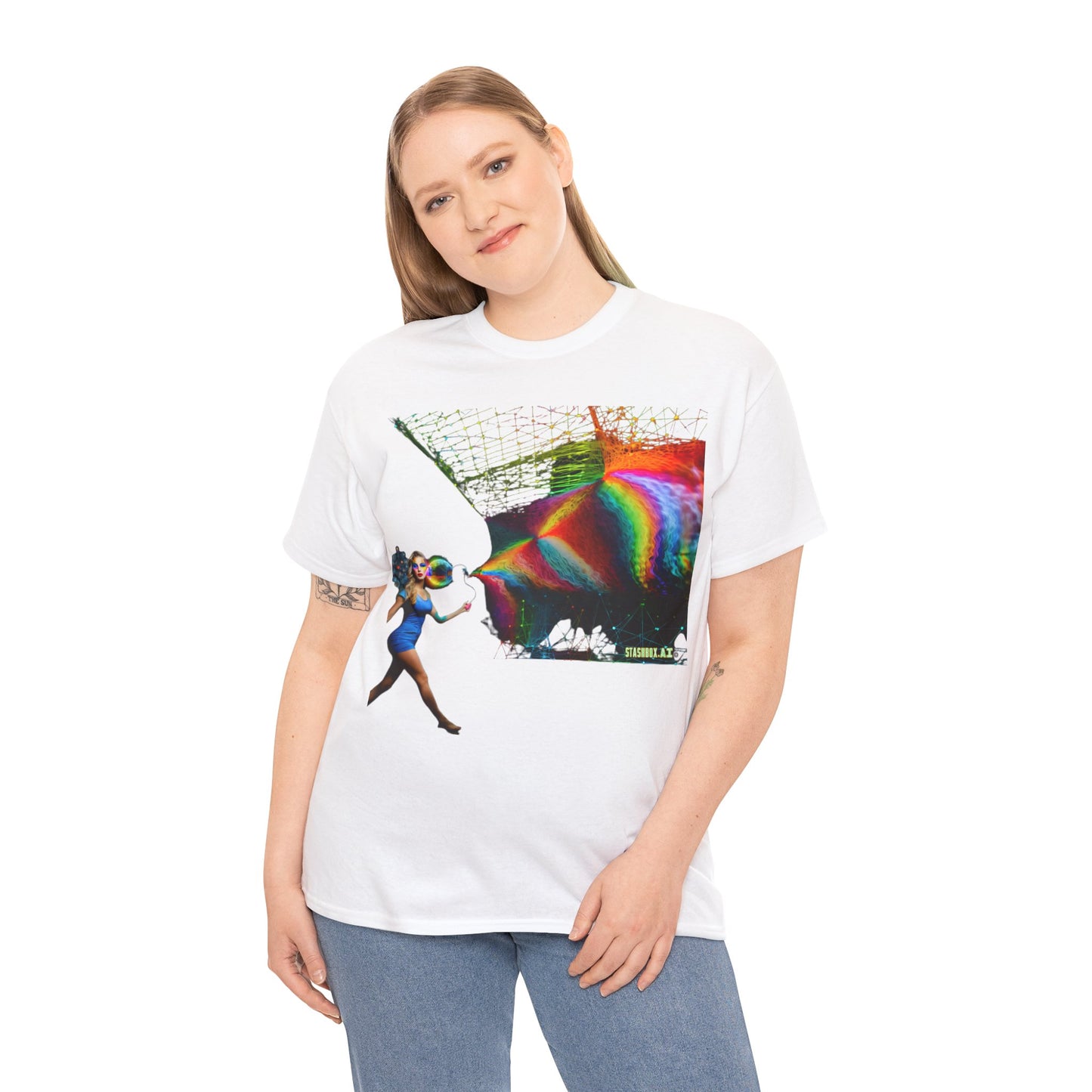 Unisex Heavy Cotton T-Shirt  Beautiful Woman Rainbow Ink Drawn 007