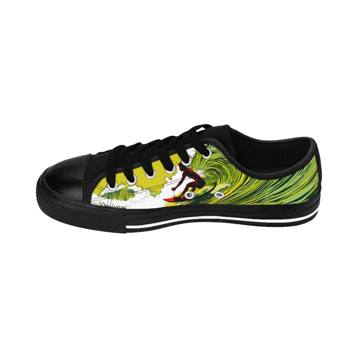 Ride the wave of fashion with our Surfing Wave Green Yellow Red Custom Men's Sneakers. Exclusively produced by Stashbox.ai, these sneakers offer comfort, style, and durability. Make a statement with every step!