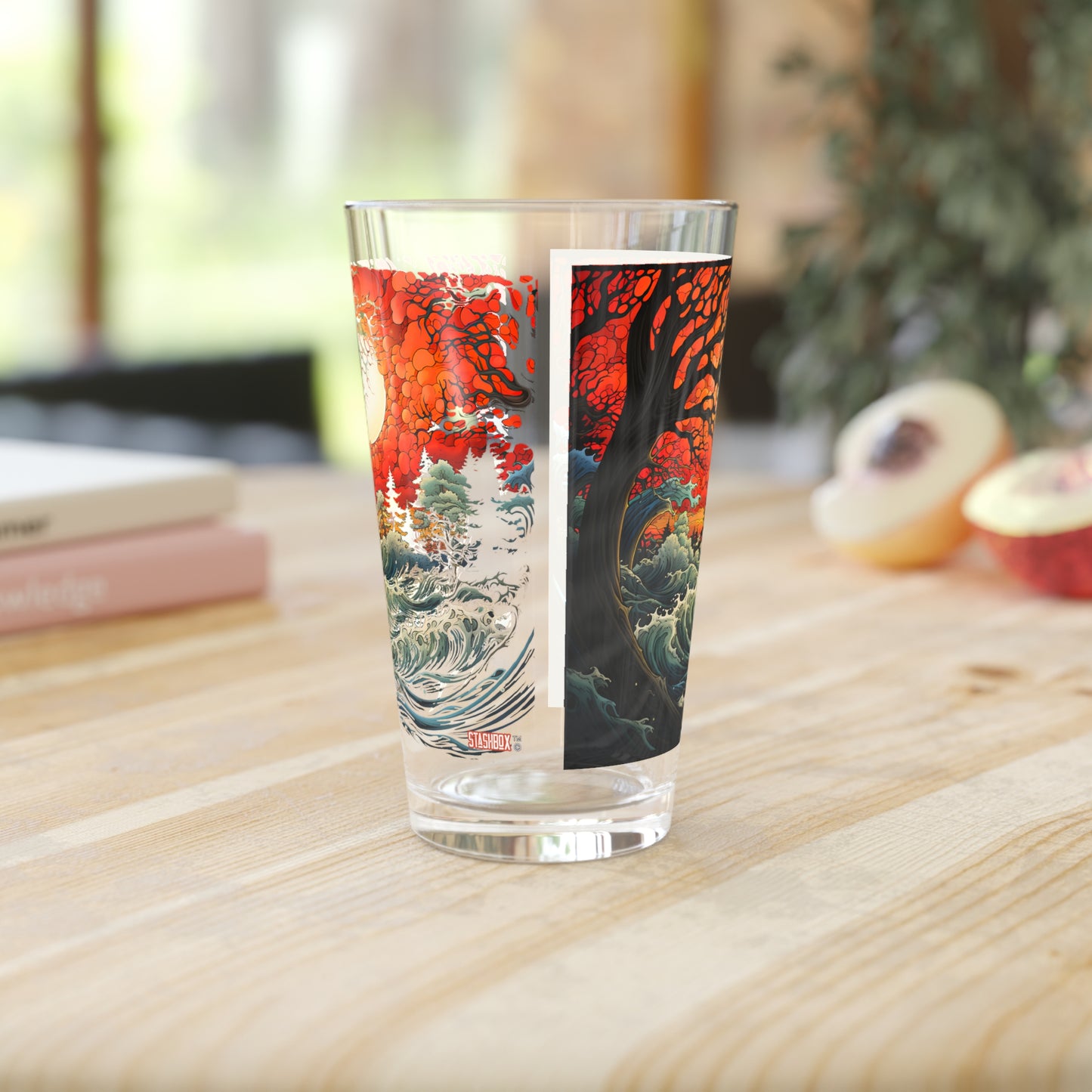 Nightmare by the Waves: Scary Sunset Night Beach 16oz Pint Glass - Waves Design #058. Beachfront chills, exclusively at Stashbox.ai.