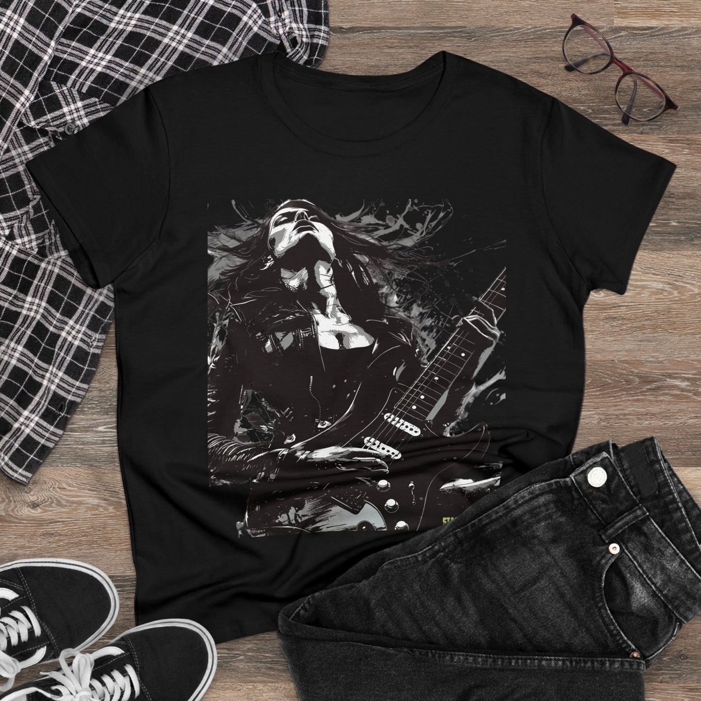 Women's Midweight Cotton Tshirt Girl Guitarist Rocking 001