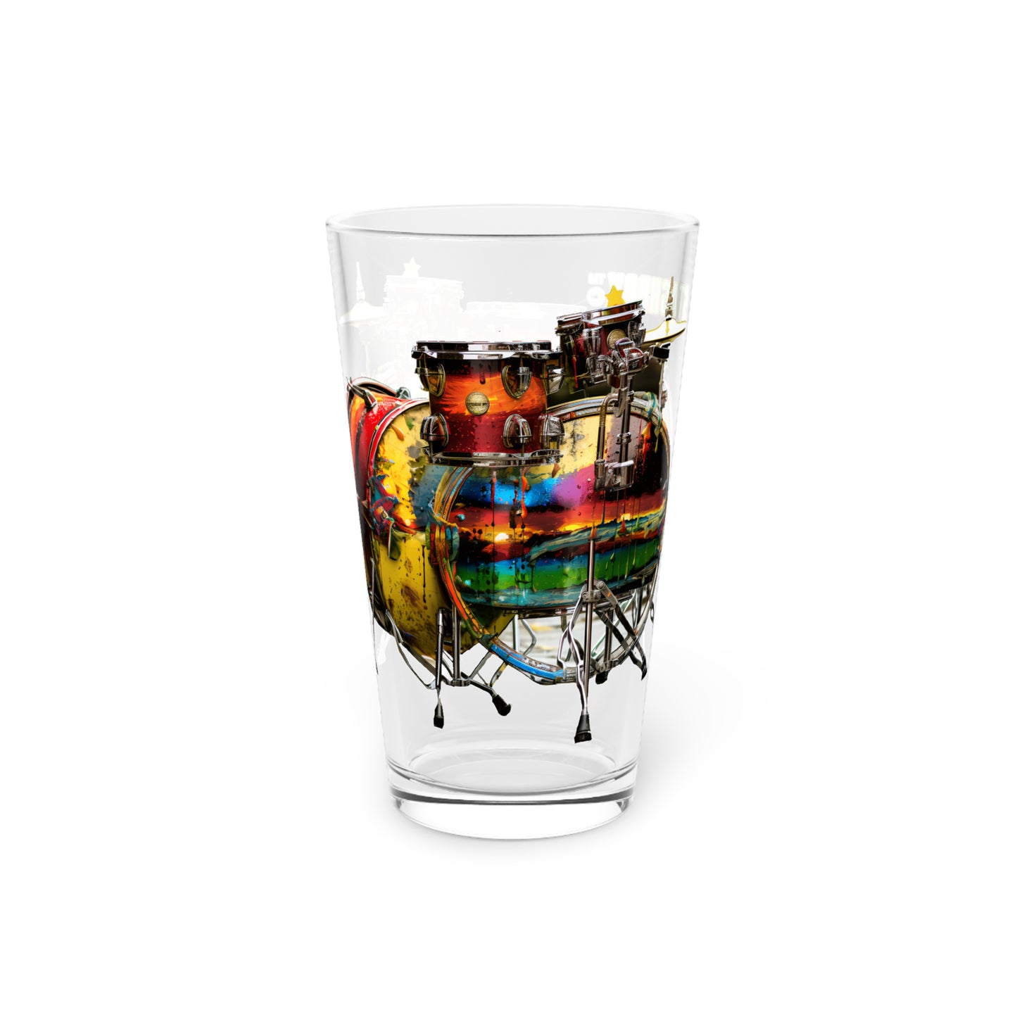 Colorful Paint Drip Art on Drum Kit - Psychedelic Art Pint Glass, 16oz - Music Design #006