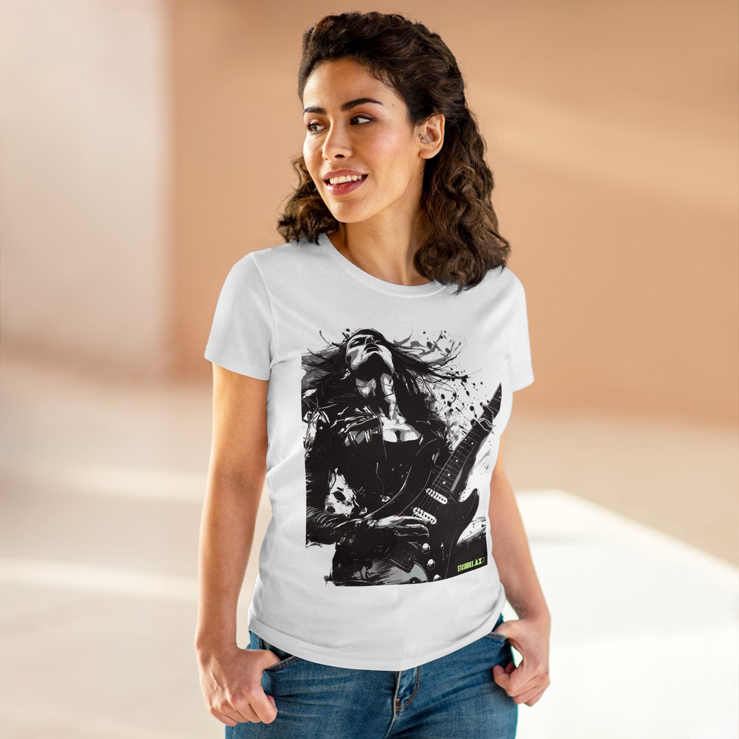 Women's Midweight Cotton Tshirt Girl Guitarist Rocking 001