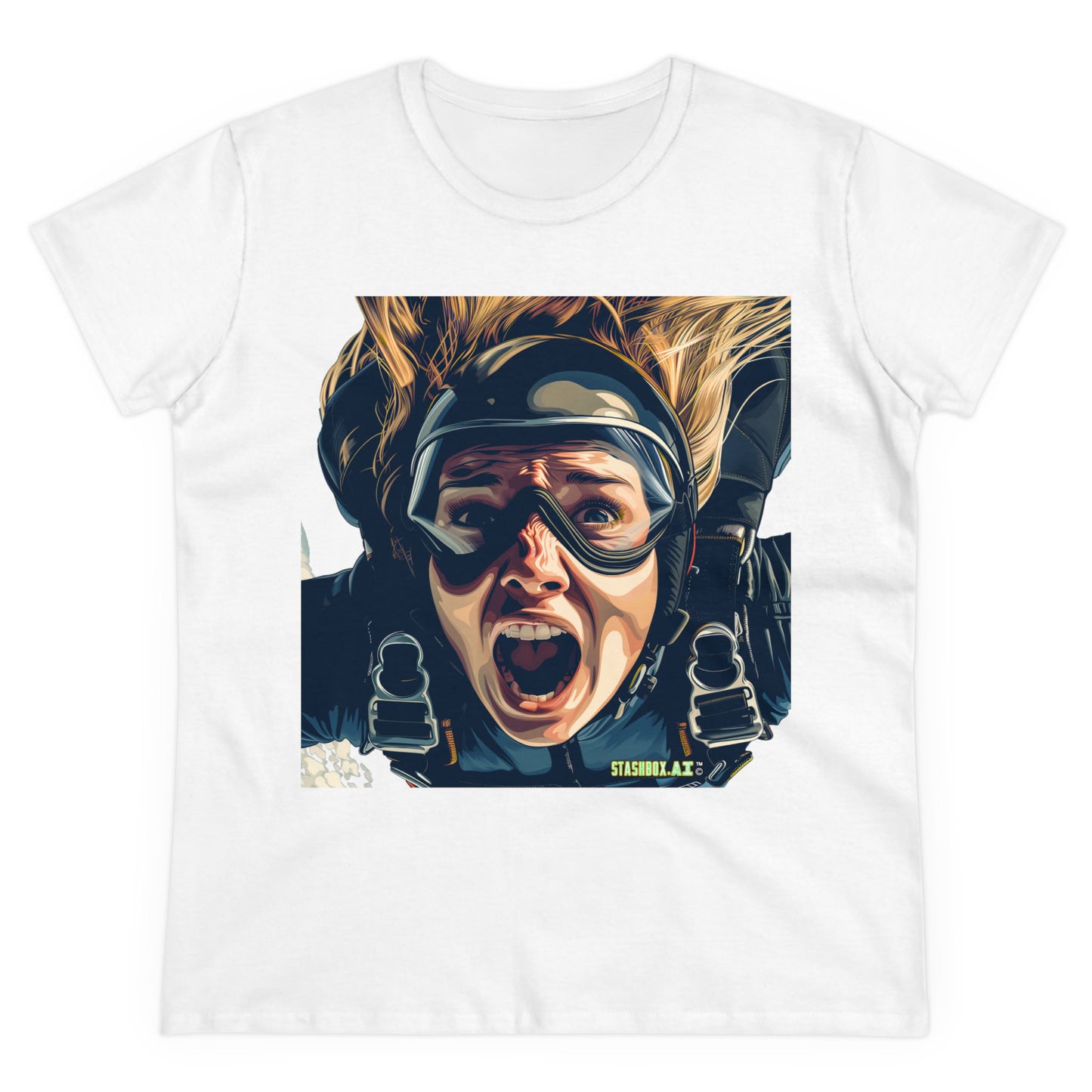 Women's Midweight Cotton Tshirt Terrified Skydiver Close Up 020