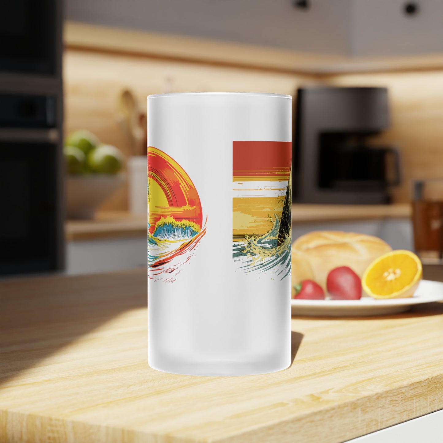 Frosted Glass Beer Mug - Classic Surreal Surfing, 2 Designs on 1 - Waves 066