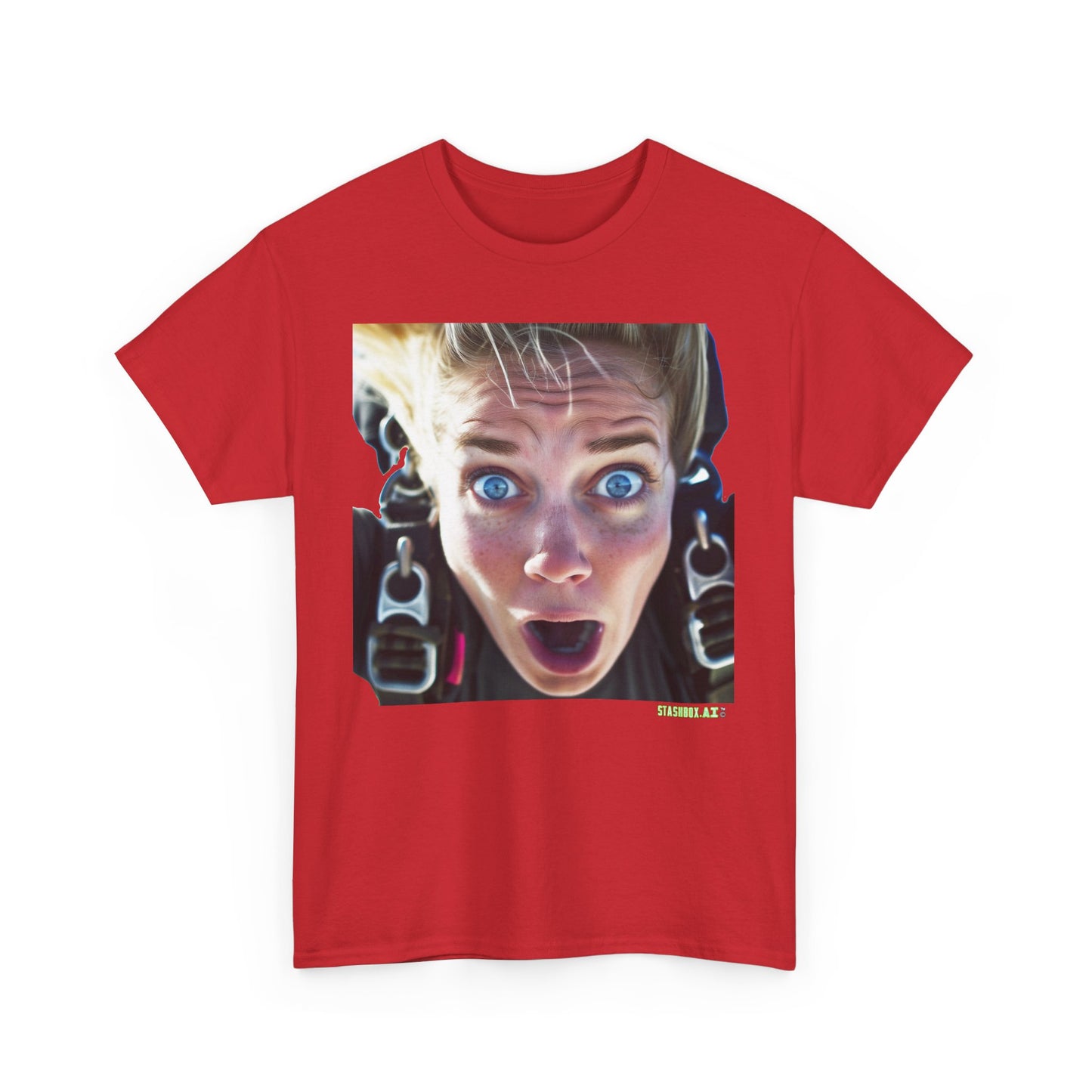 Unisex Adult Size Heavy Cotton Tshirt Beautiful Girl Mid-Skydiving terrified face - 023