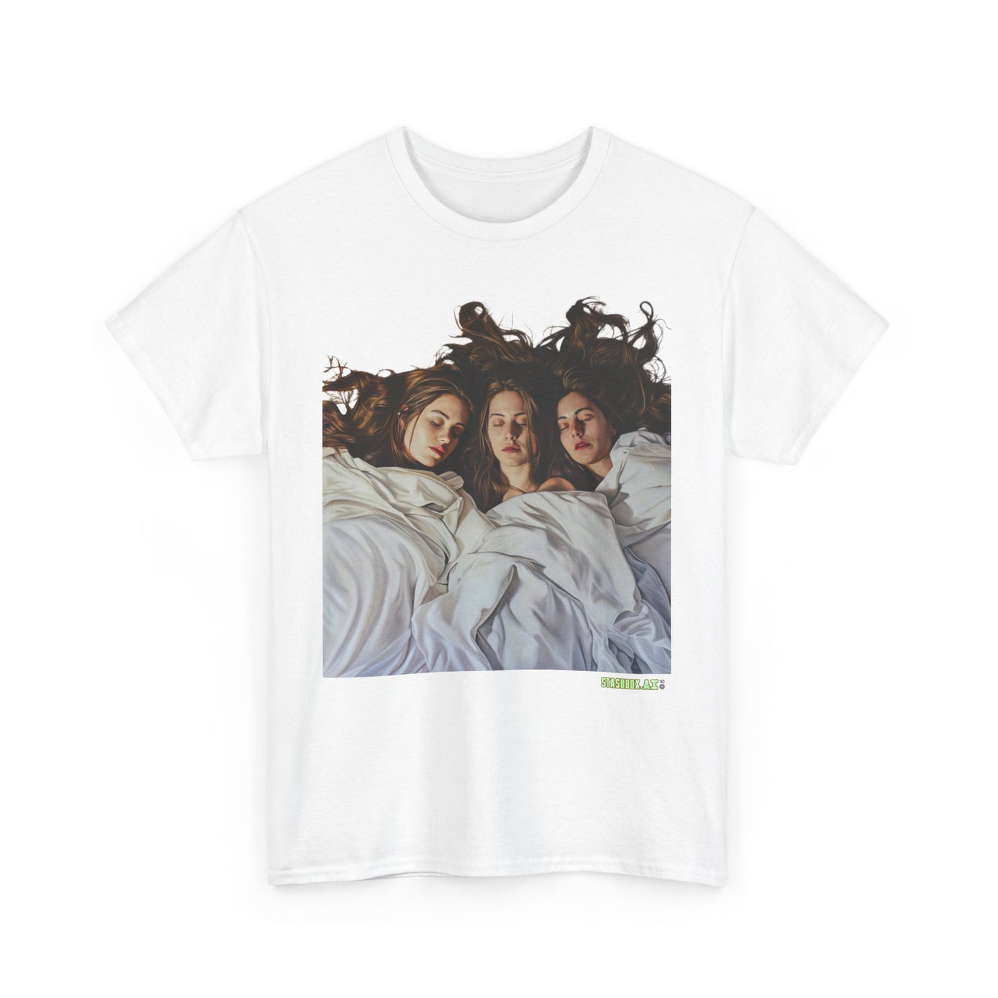 Unisex Heavy Cotton T-Shirt Three Beautiful Woman Sleeping in Bed 0017