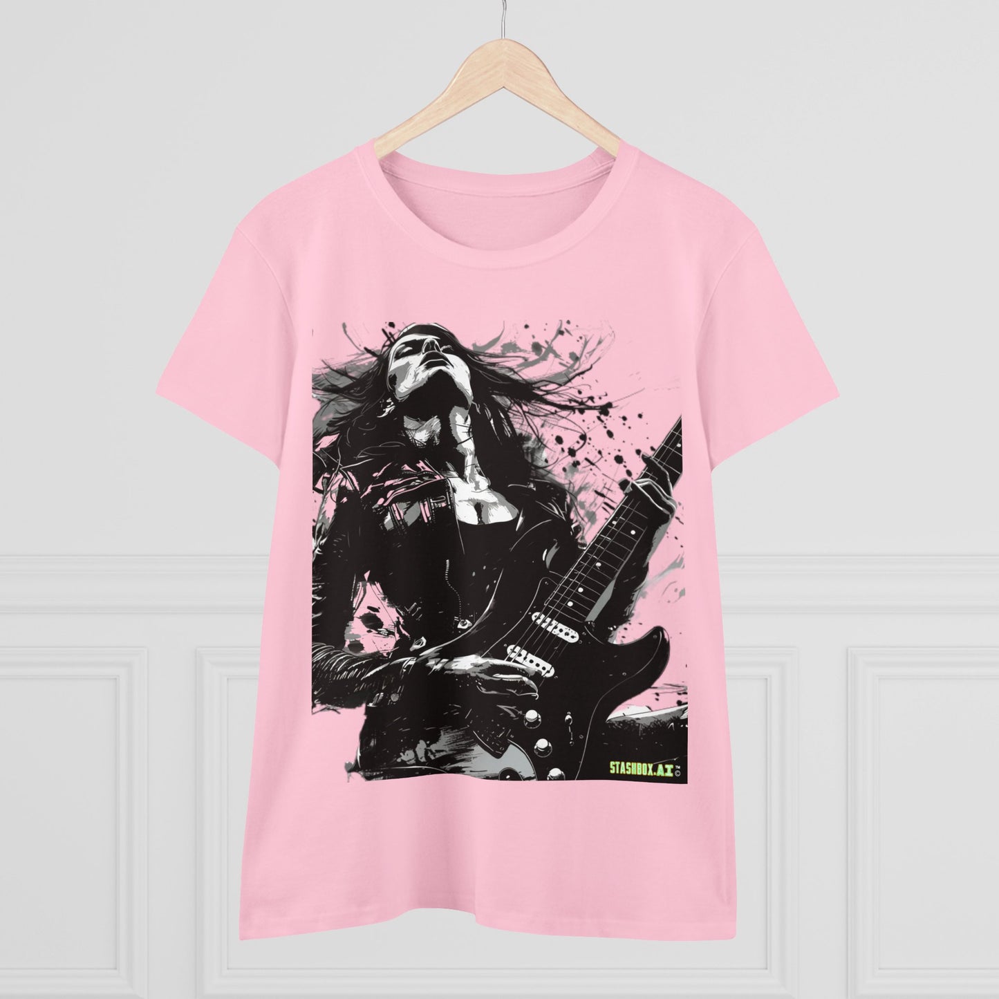 Women's Midweight Cotton Tshirt Girl Guitarist Rocking 001