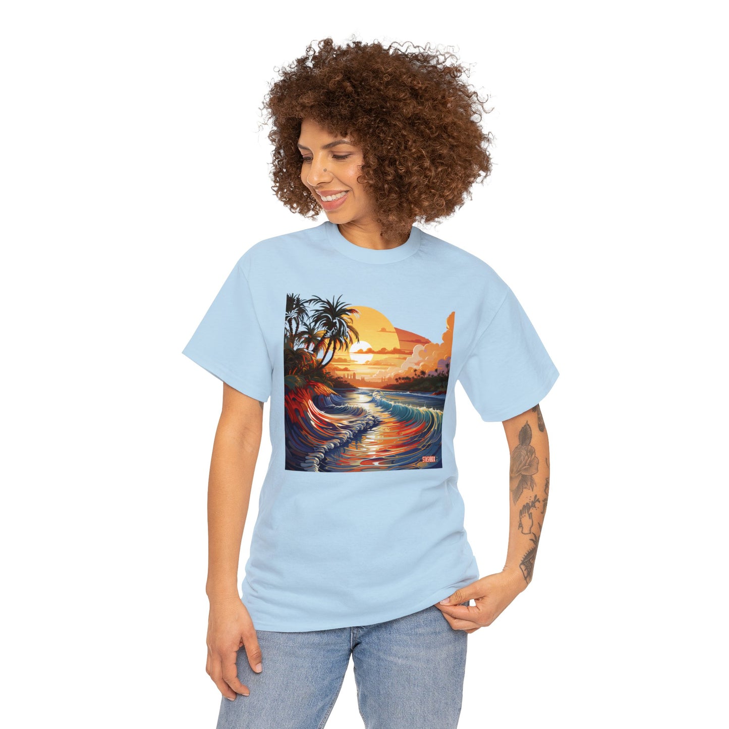 Stunning Sunset Beach Waves Art - Unisex Heavy Cotton Tee - Waves Design #057