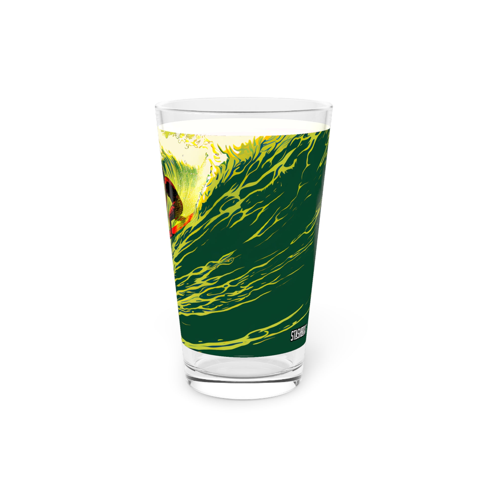 16oz Surfing in Hawaii Wave Art Pint Glass - Waves Design #040: Embrace the energy of Hawaiian waves with our artistic pint glass, perfect for surf enthusiasts.