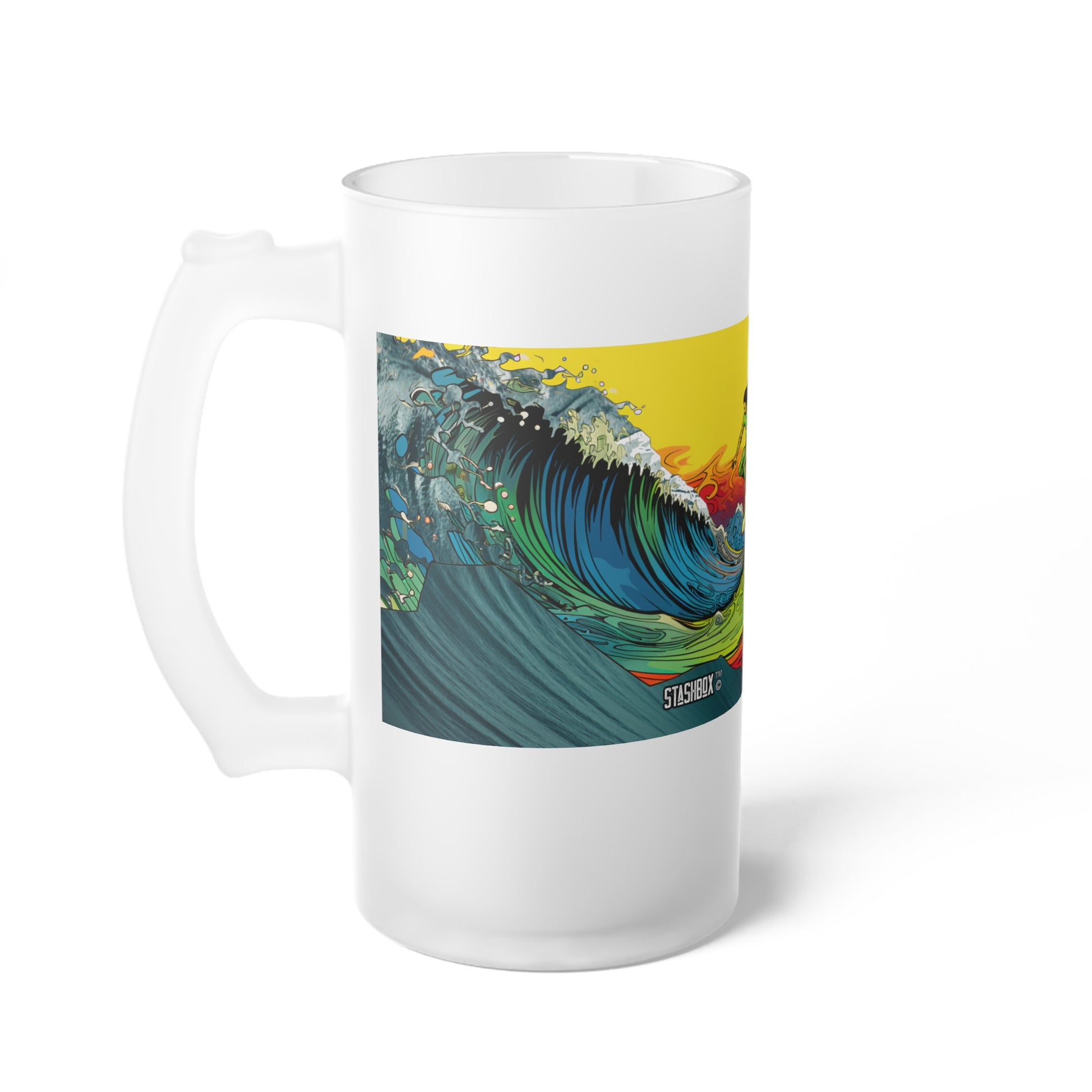 Dive into fantasy with our Mixed Media Surfer Frosted Glass Beer Mug, Design #063. Your beer mug, your gateway to psychedelic waves, exclusively at Stashbox.ai