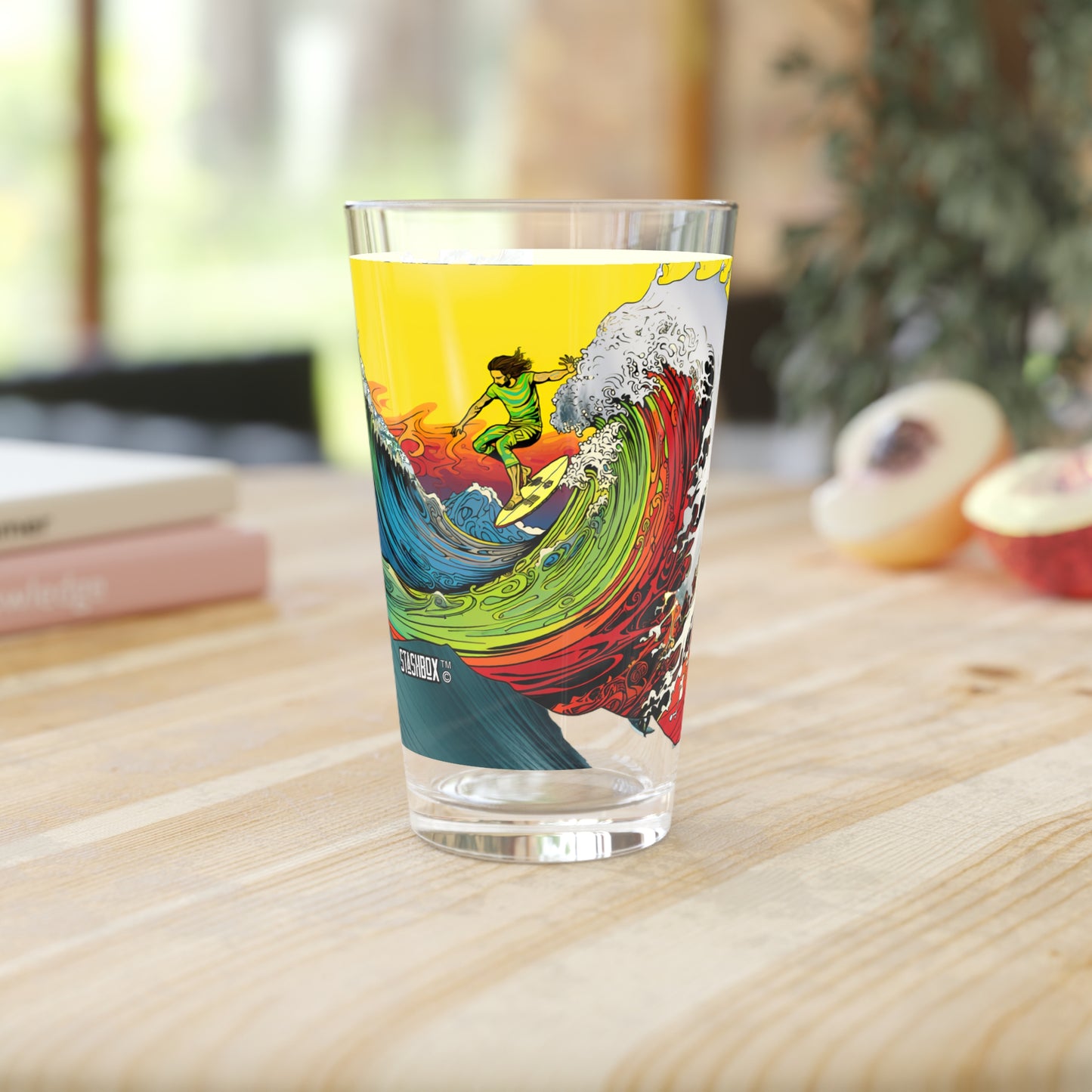 Pint Glass 16oz Mixed-Media Surfer Mid-Air Psychedelic Wave Art 063