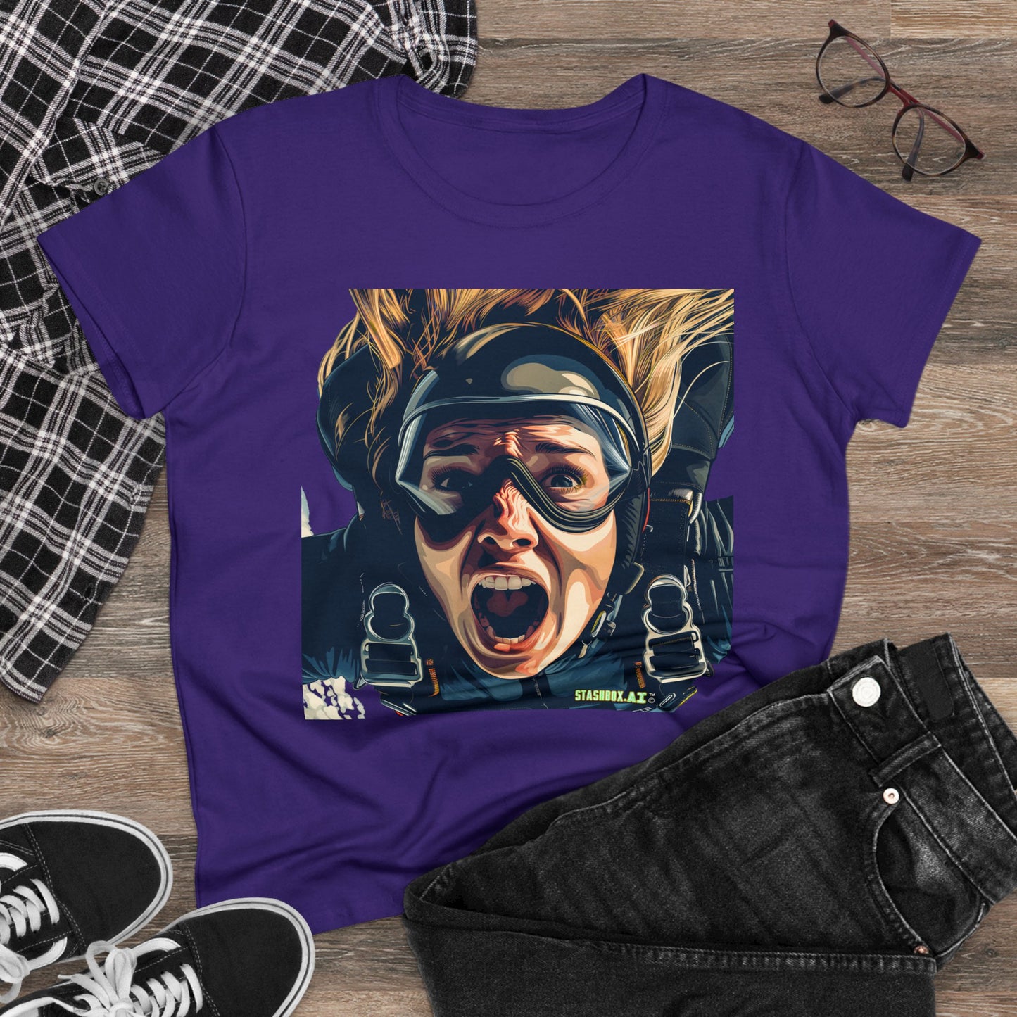 Women's Midweight Cotton Tshirt Terrified Skydiver Close Up 020