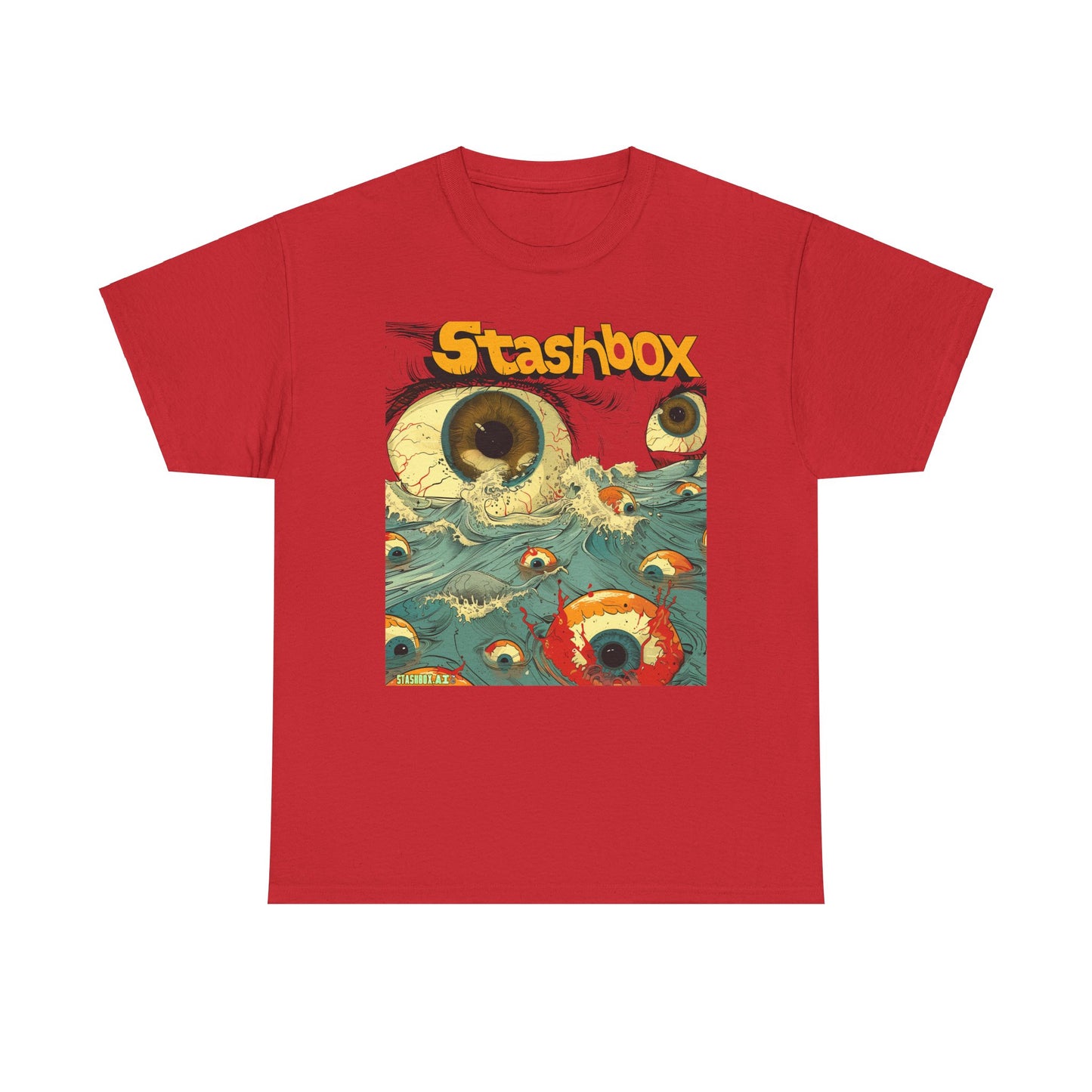 Unisex Heavy Cotton Tee Stashbox Eyeballs in Ocean Waves Design 002