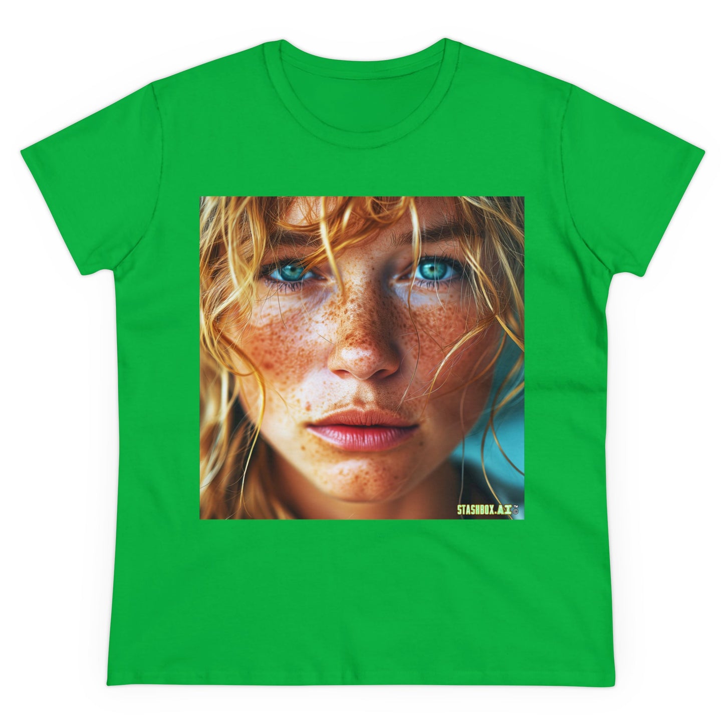 Women's Midweight Cotton Tshirt Redhead Model Beautiful Face Close Up 021