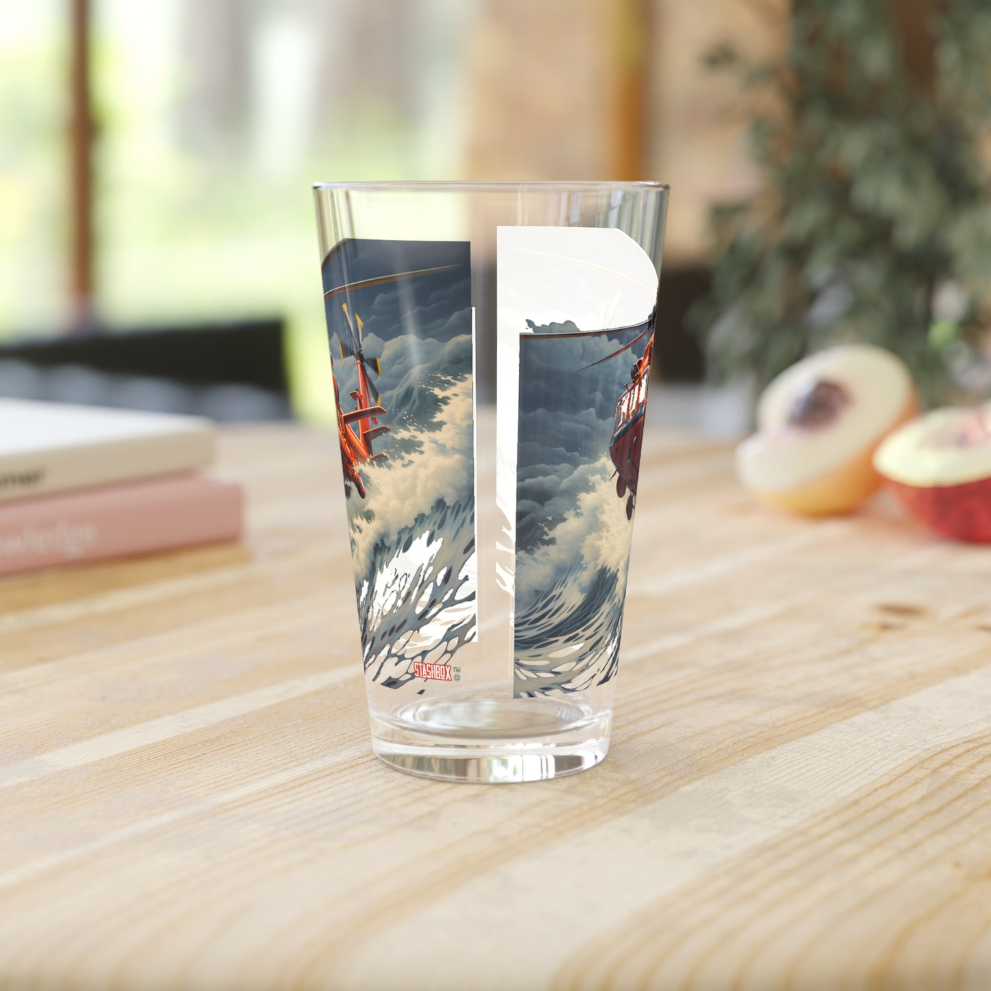 Pint Glass 16oz Helicopter Surfing Huge Ocean Wave 055