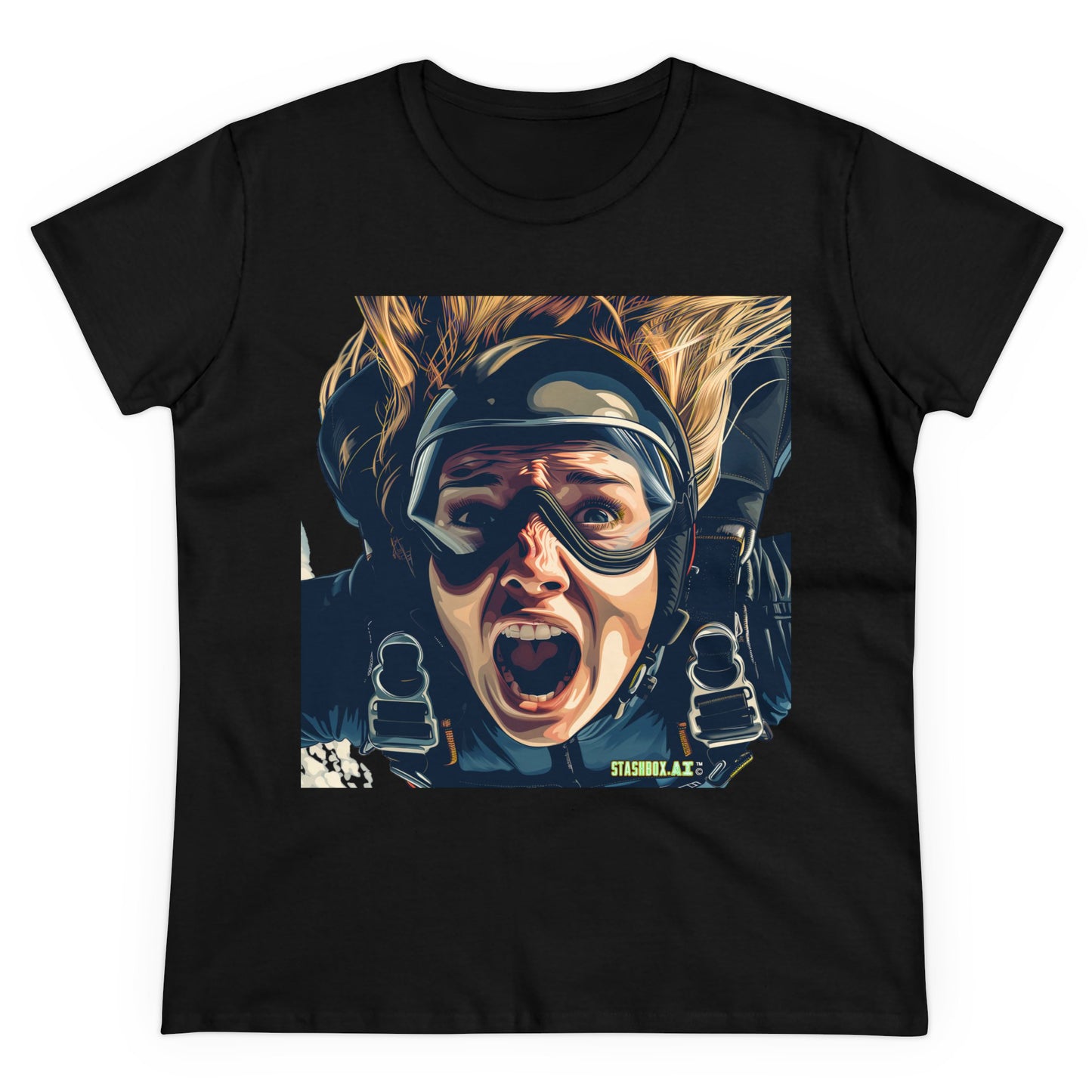 Women's Midweight Cotton Tshirt Terrified Skydiver Close Up 020