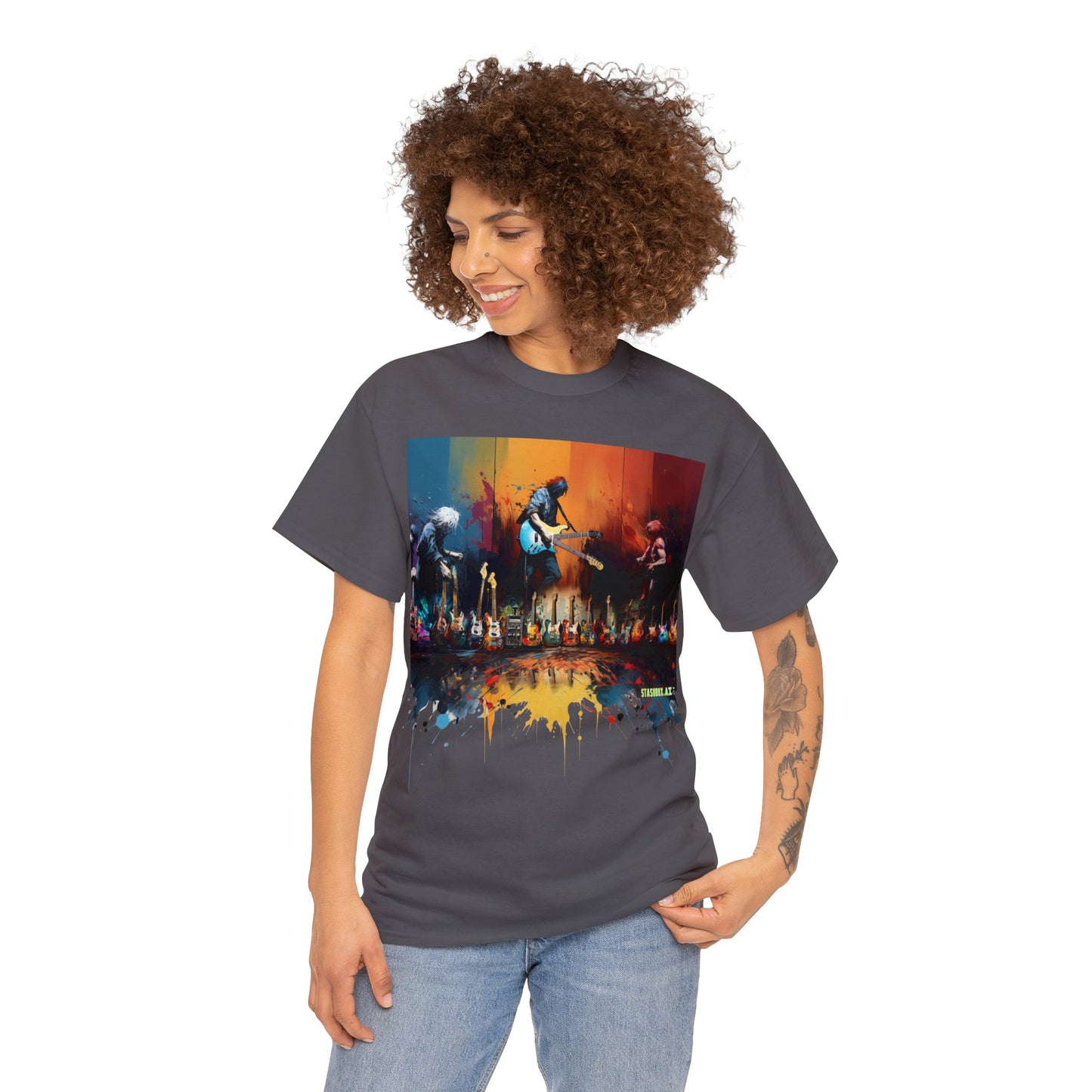 Unisex Adult Size Heavy Cotton TShirt - Colorful Abstract Guitars Design 005