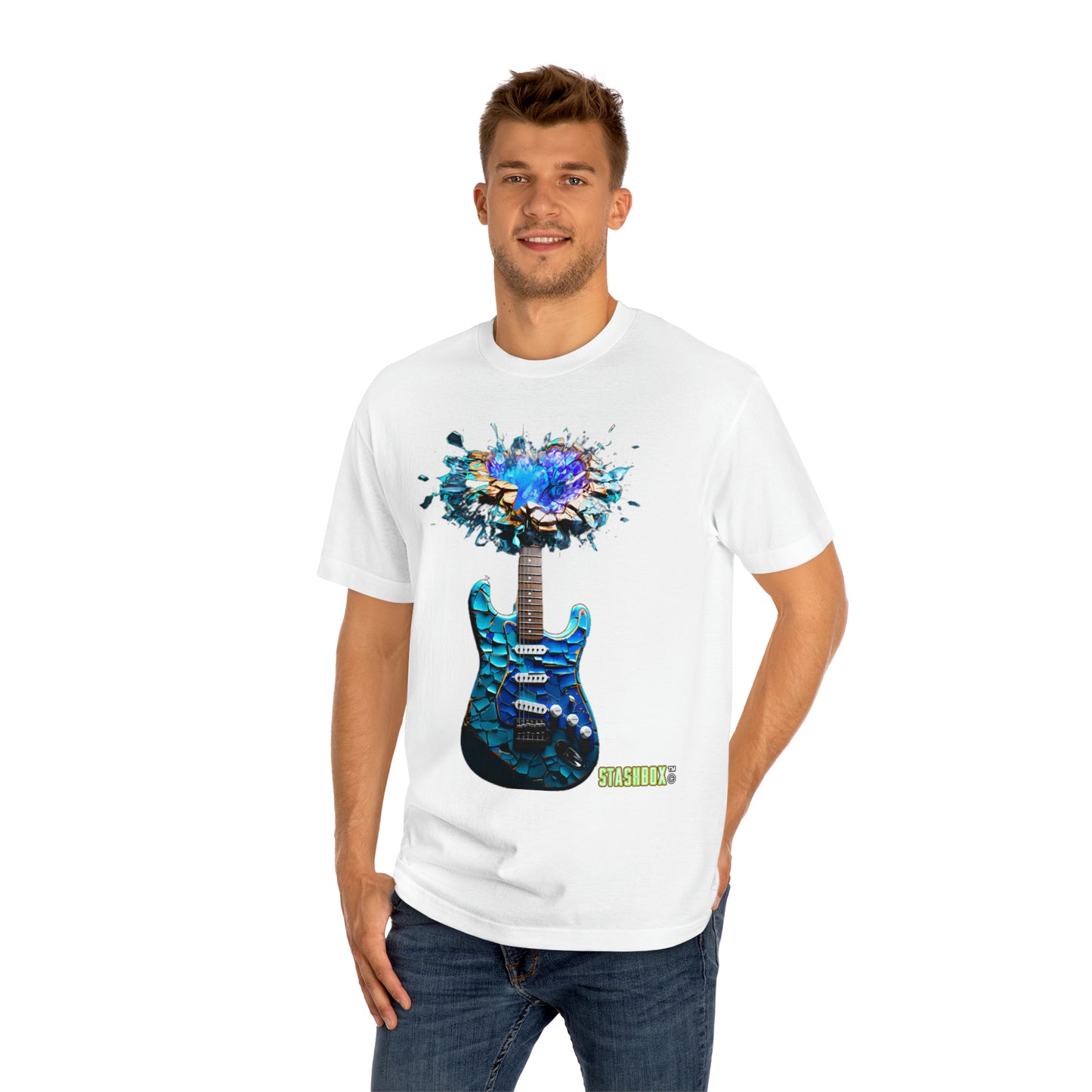 Unisex Classic Tshirt - Turquoise Electric Guitar - Scaled Tiles with color explosion 002