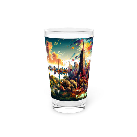 Dreamlike New York City Pint Glass - Stashbox Design - #CityscapeArt #DreamlikeNYC #StashboxExclusive #SurrealCityscape #StunningDesign