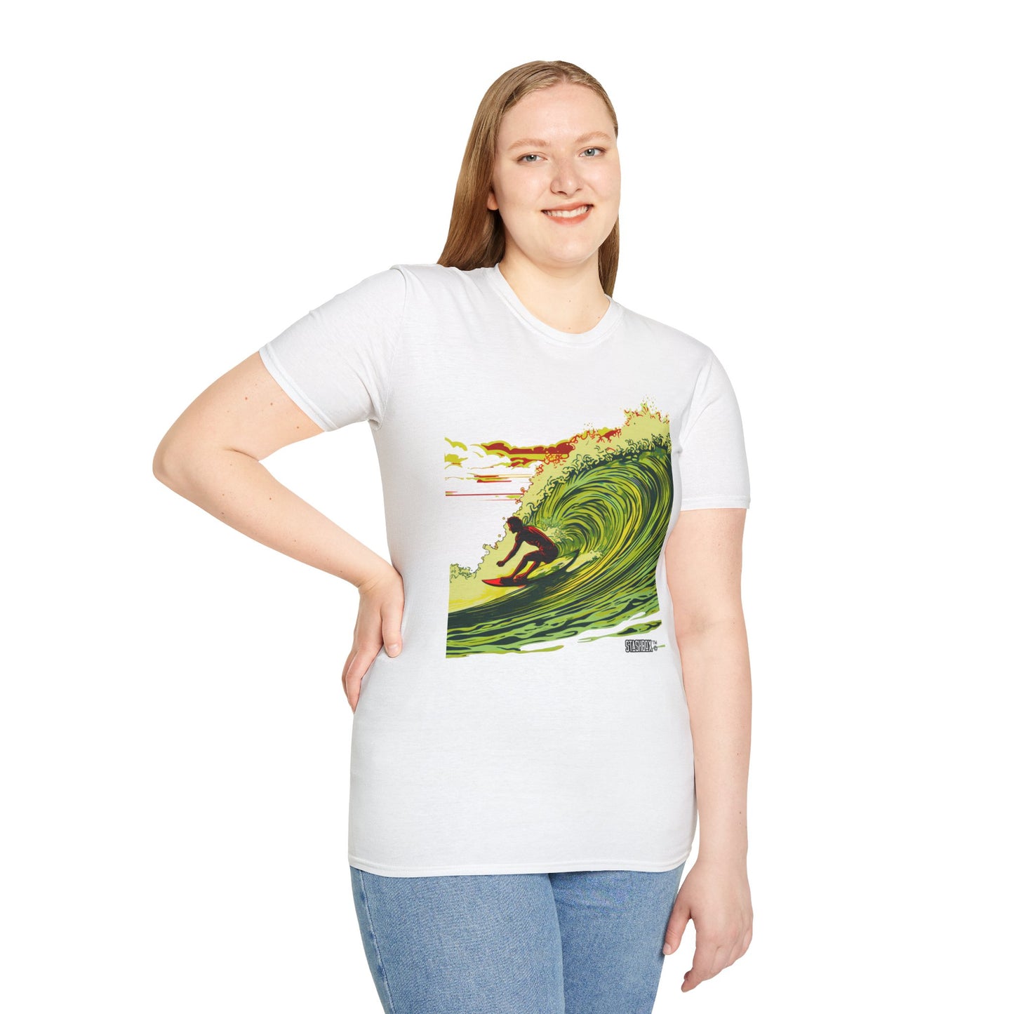 Unisex Softstyle Tshirt Surfing Hawaii Wave Art Green Yellow Red 51