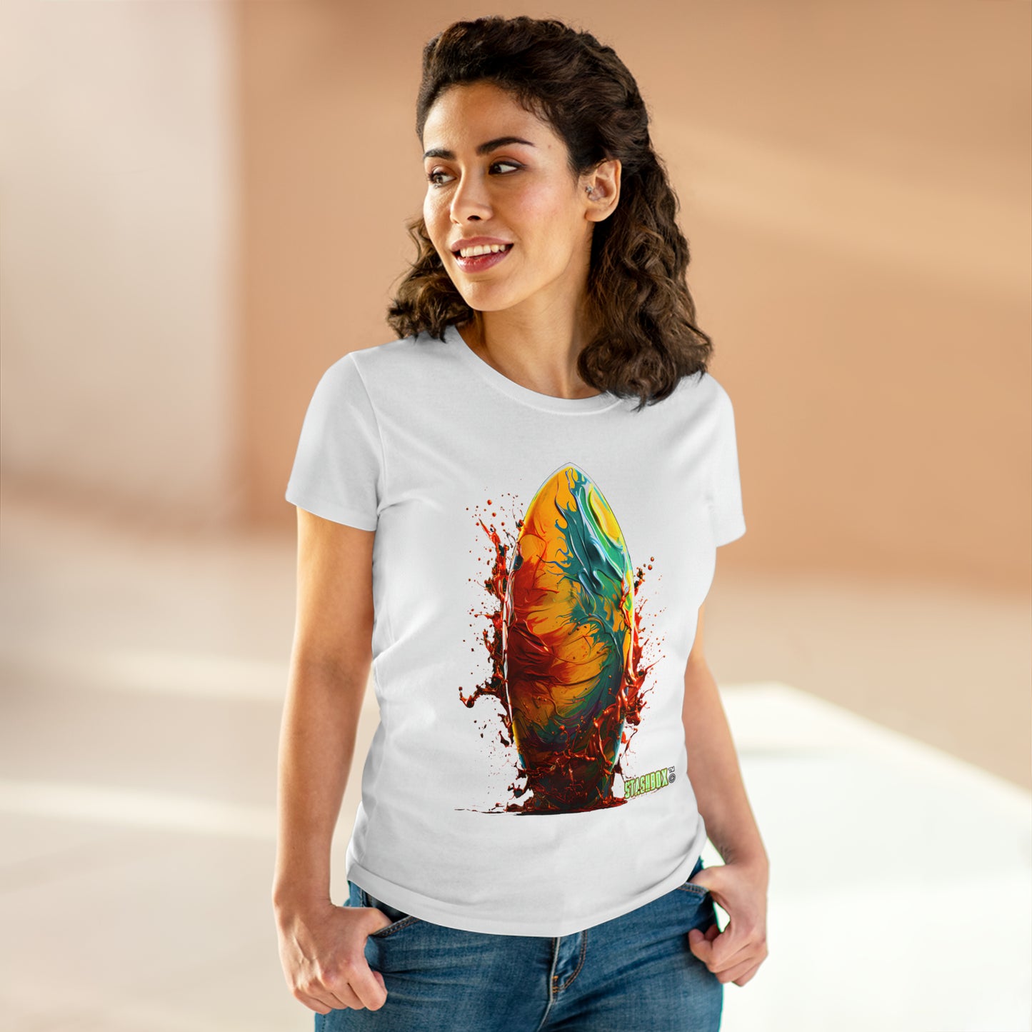 Catch the Wave of Style: Our Women's Midweight Cotton Tee with Surfboard Design #009 brings vibrant paint art to life. Experience the allure of bold colors and beach vibes. 🏄‍♀️🎨 #SurfboardFashion #BeachChic #StashboxDesigns