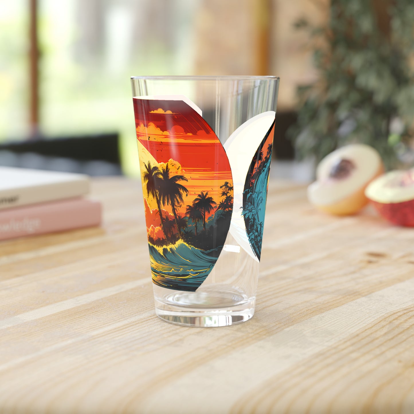 Pint Glass, 16oz Colorful Sunset Wave Art 2-in-1 Designs 045a 045b