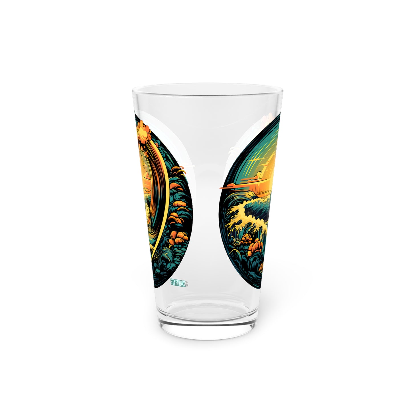 Pint Glass 16oz Colorful Sunset Wave Design 041