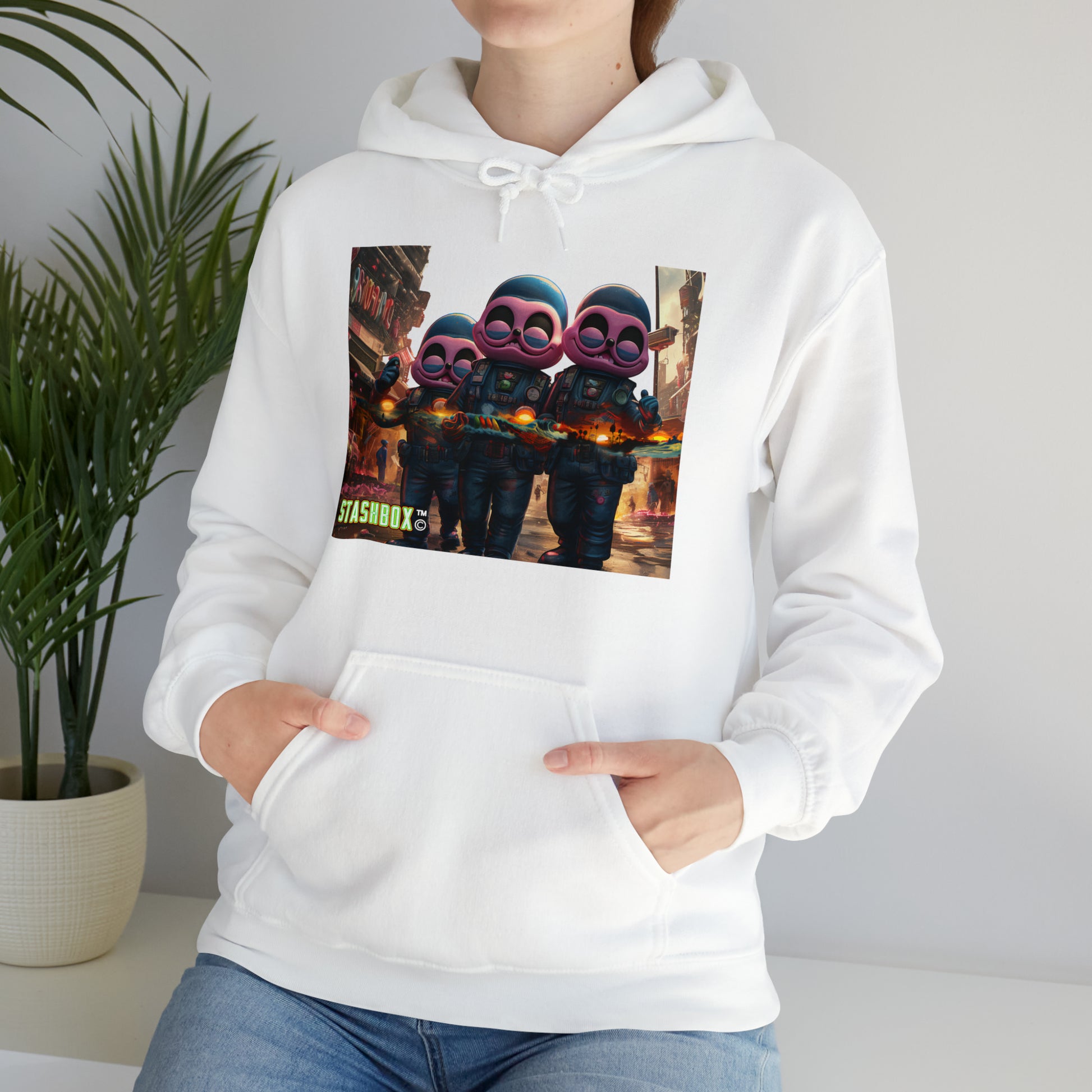 Embrace surreal fashion with Pink City Aliens Holding Tropical Dreams Unisex Hooded Sweatshirt. Aliens and psychedelia unite, exclusively at Stashbox.ai.