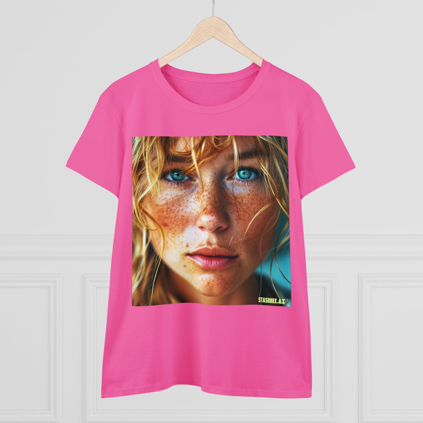 Women's Midweight Cotton Tshirt Redhead Model Beautiful Face Close Up 021