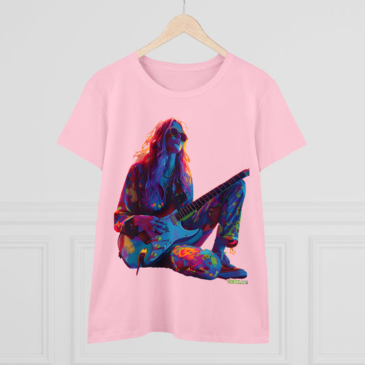 Women's Midweight Cotton Tshirt Colorful Hippy Female Guitarist in the Groove  002