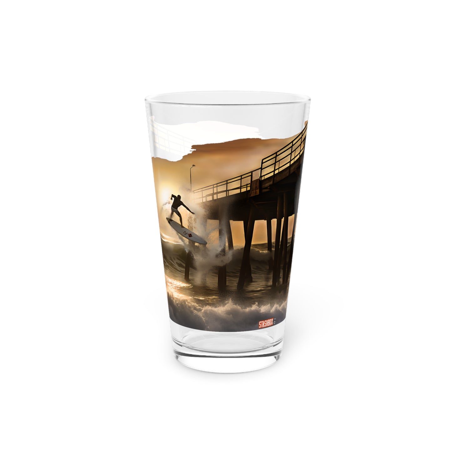 Pint Glass 16oz Huntington Beach Surfer Charging The Pier Waves 062