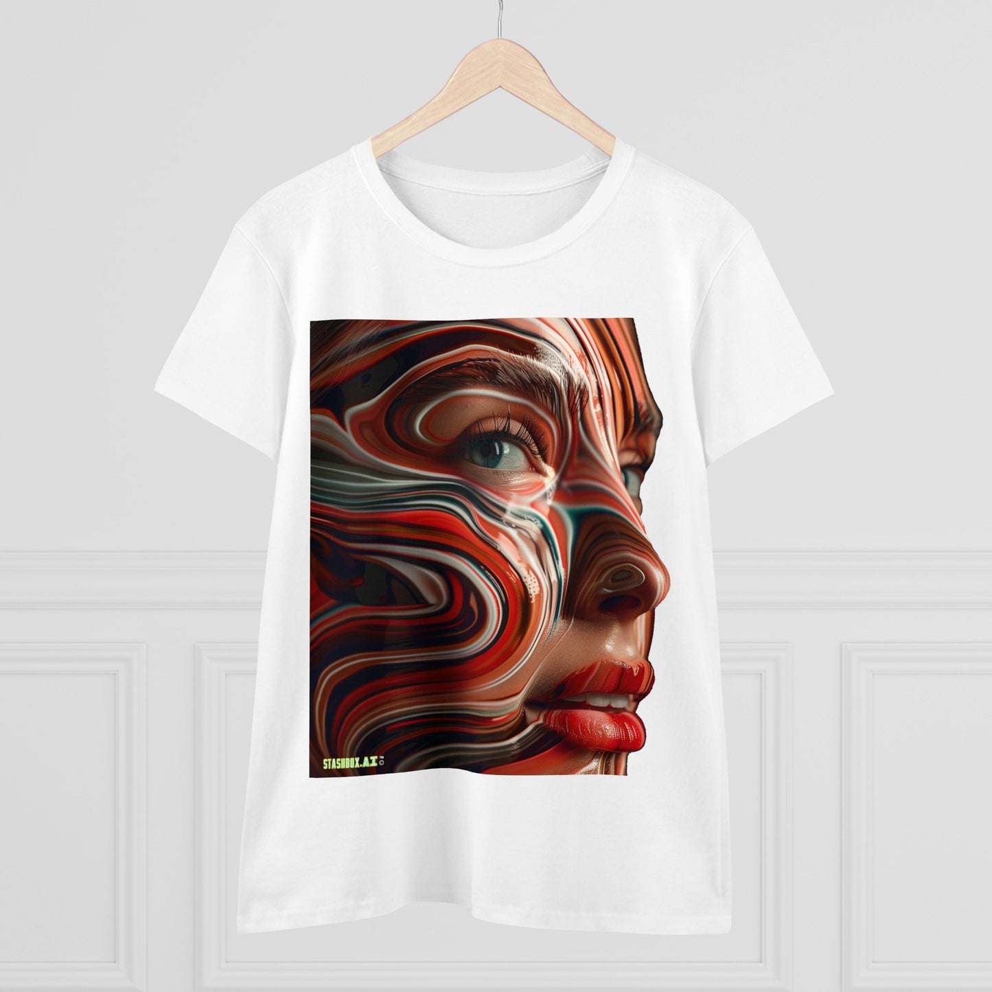 Women's Midweight Cotton Tee Pretty Model Red Swirl Face Paint 025