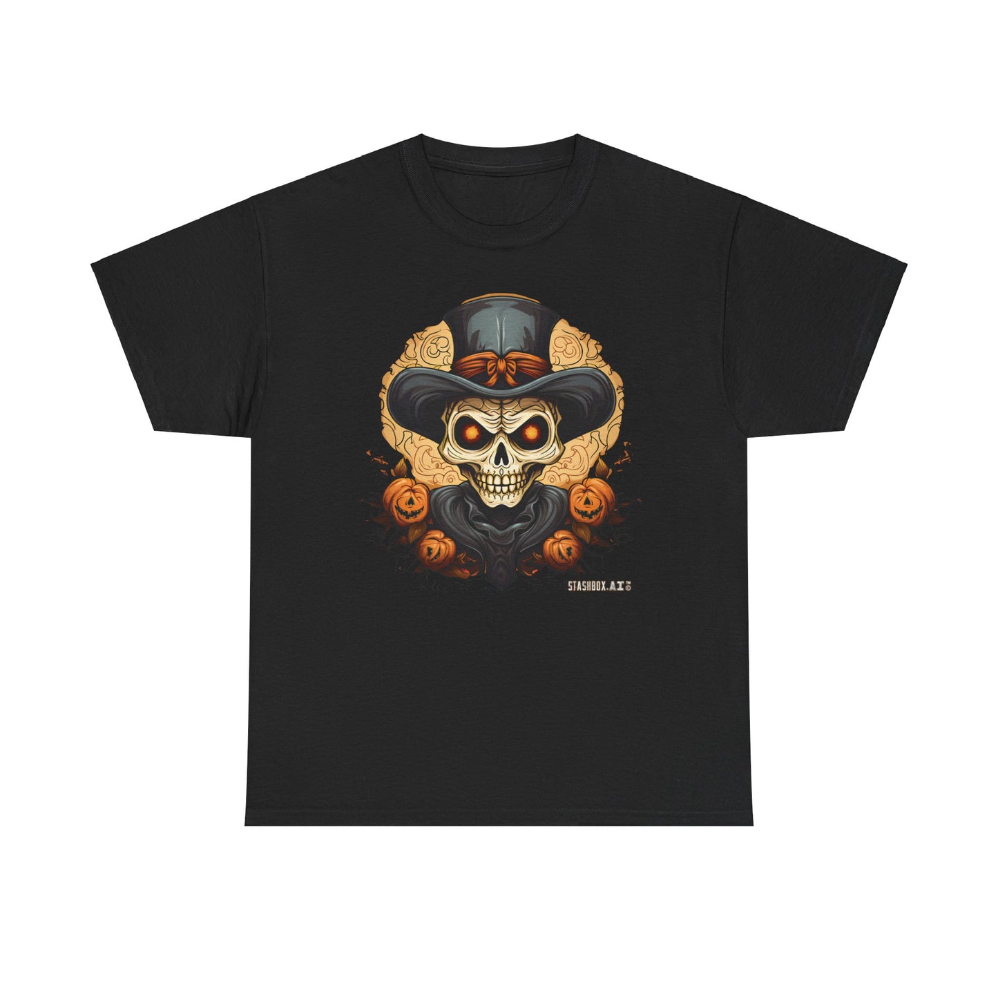 Halloween Skeleton Head Unisex Tshirt - Black Heavy Cotton Tee - Stashbox Halloween Design #002