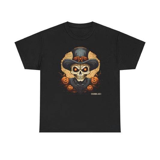 Halloween Skeleton Head Unisex Tshirt - Black Heavy Cotton Tee - Stashbox Halloween Design #002