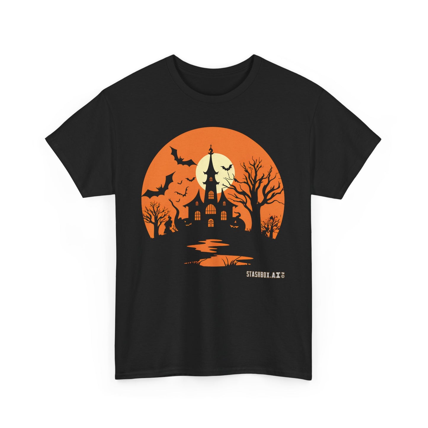 Halloween Haunted House bats and big moon Unisex Tshirt - Black Heavy Cotton Tee - Stashbox Halloween Design #004