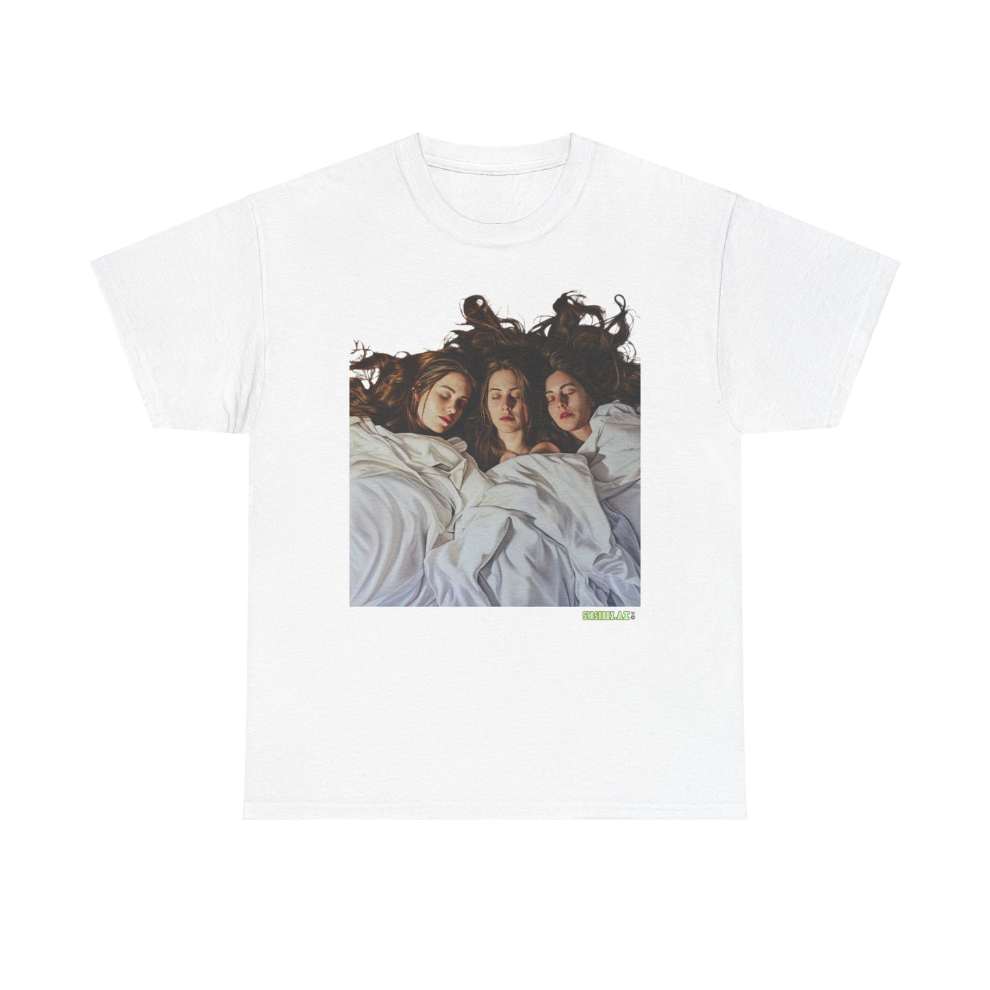 Unisex Heavy Cotton T-Shirt Three Beautiful Woman Sleeping in Bed 0017