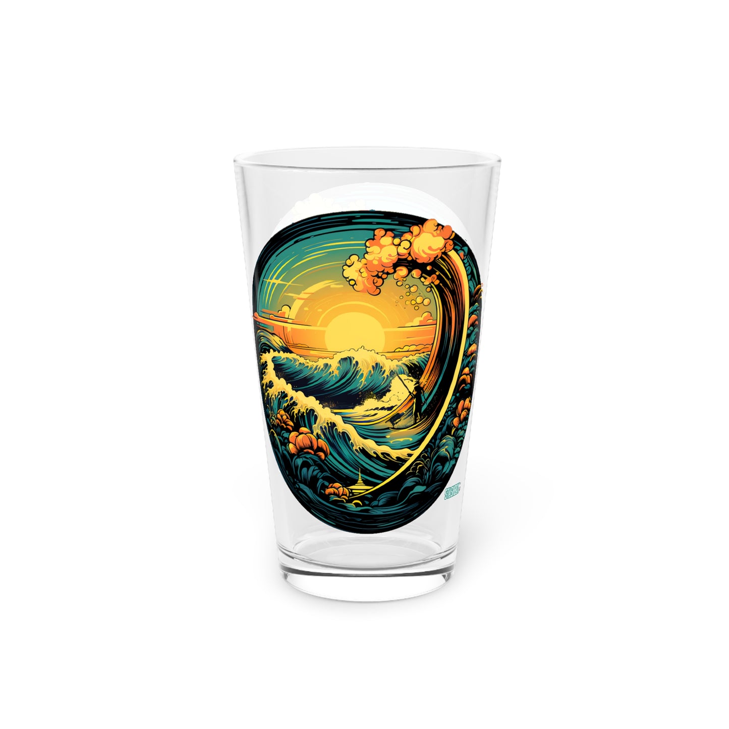 Sip in the serenity of Japanese art with our Colorful Sunset Wave Pint Glass, 16oz. Waves Design #042. Your drink, your artistry, only at Stashbox.ai.