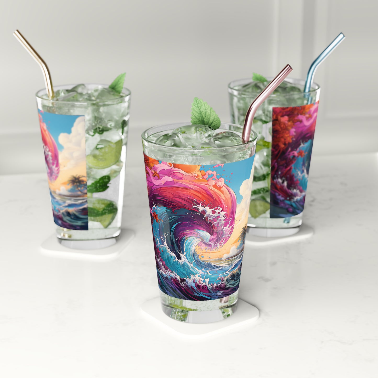 Enliven your gatherings with our Thick Colorful Ocean Wave Pint Glass - Waves Design #020. Crafted by Stashbox.ai, this glass captures the essence of the ocean's brilliance. Perfect for any beverage, this glassware adds a touch of aquatic elegance to your tabletop.