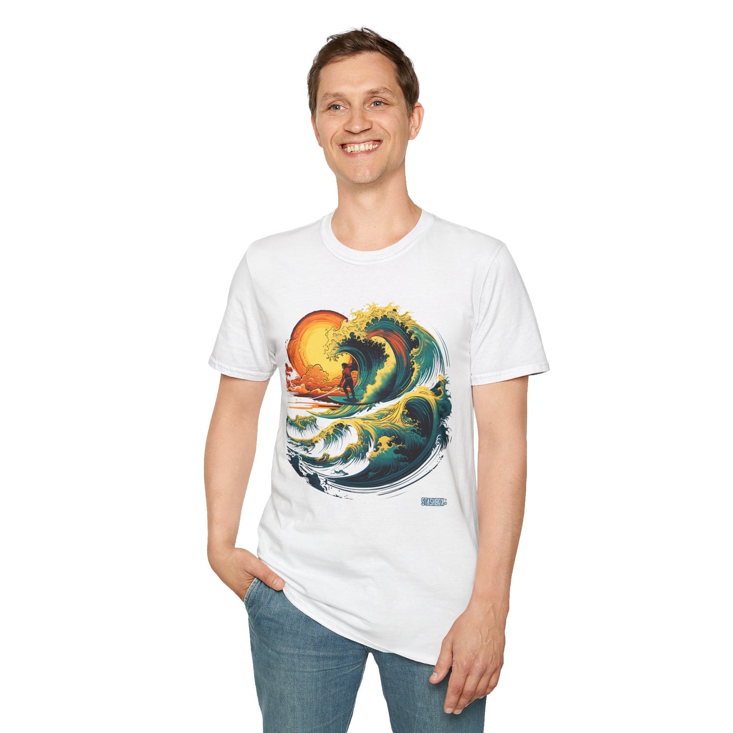 Unisex Softstyle Tshirt Colorful Sunset Wave  2 Designs on 1 44ab